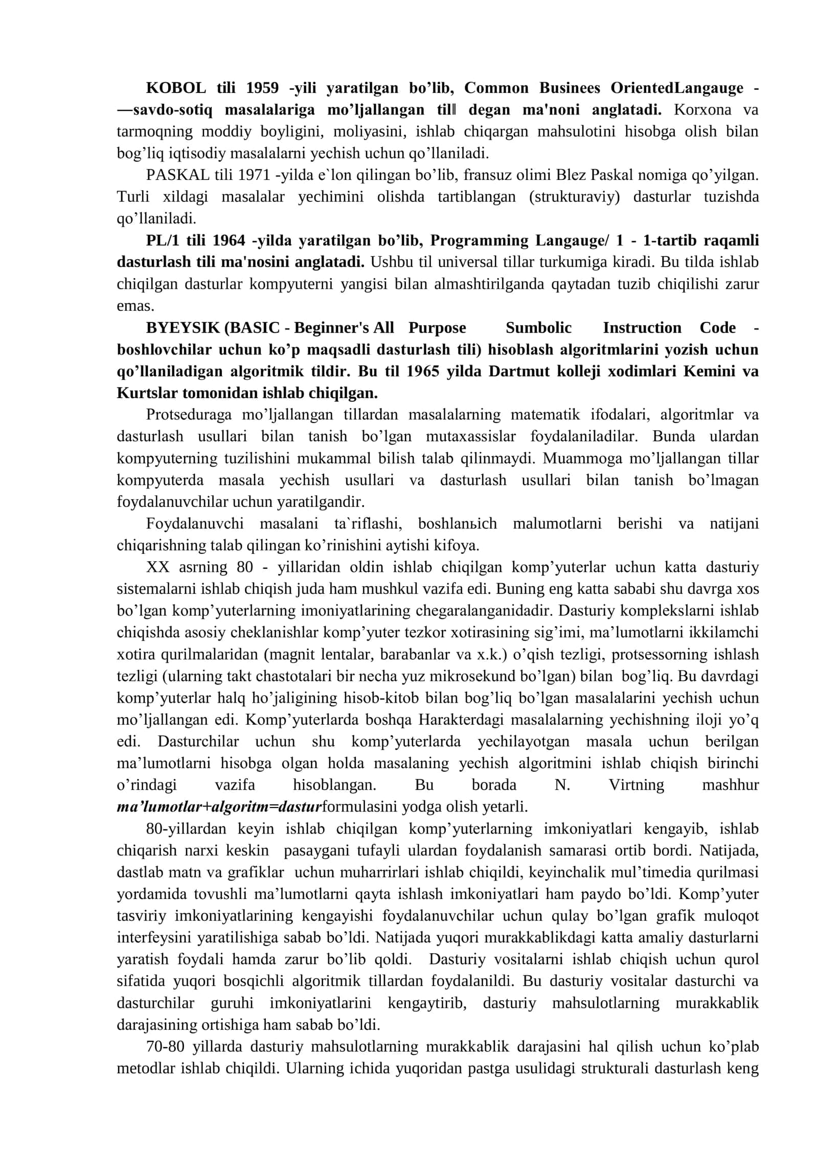 ZAMONAVIY DASTURLASH TEXNOLOGIYALARI. OBYEKTGA YO’NALTILRILGAN DASTURLASH TILLARI. C++ DASTURLASH TILINING ASOSIY KONSTRUKTSIYALARI VA TIZIMDA QO’LLASH XUSUSIYATLARI 2