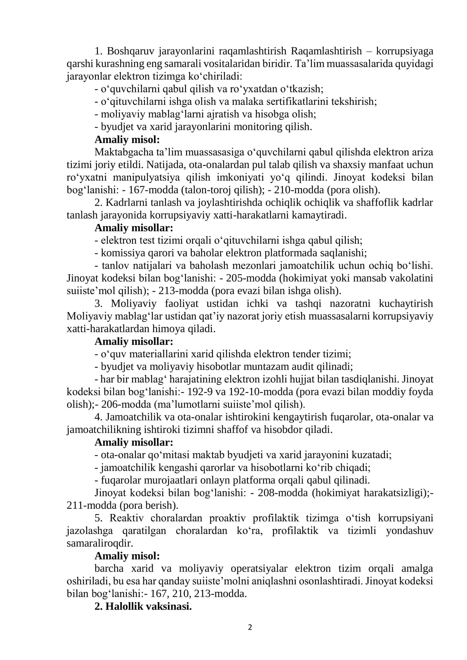 Menejerlik o'uv kursi tinglovchilari uchun  Korrupsiyaviy xavf-xatarlarni oldini olish va bartaraf etish 2