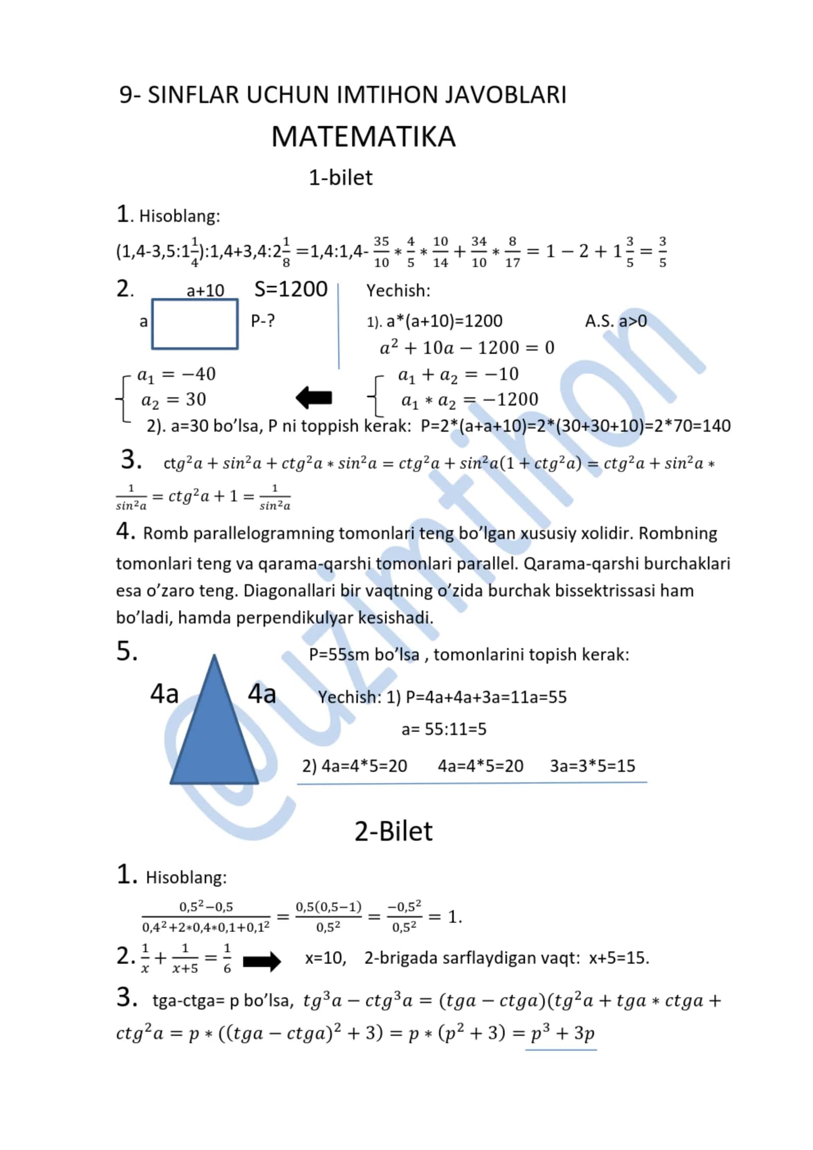 MATEMATIKA 9-SINF MATEMATIK 9- SINFLAR UCHUN IMTIHON JAVOBLARI 2