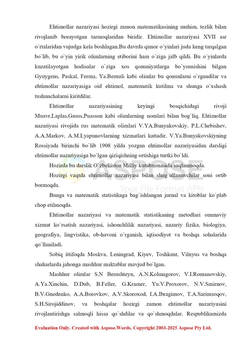 Ehtimollar nazariyasining vujudga kelishi va rivojlanish tarixi. Hodisalar.  Hodisalar algebrasi. Diskret elementar hodisalar fazosi 2