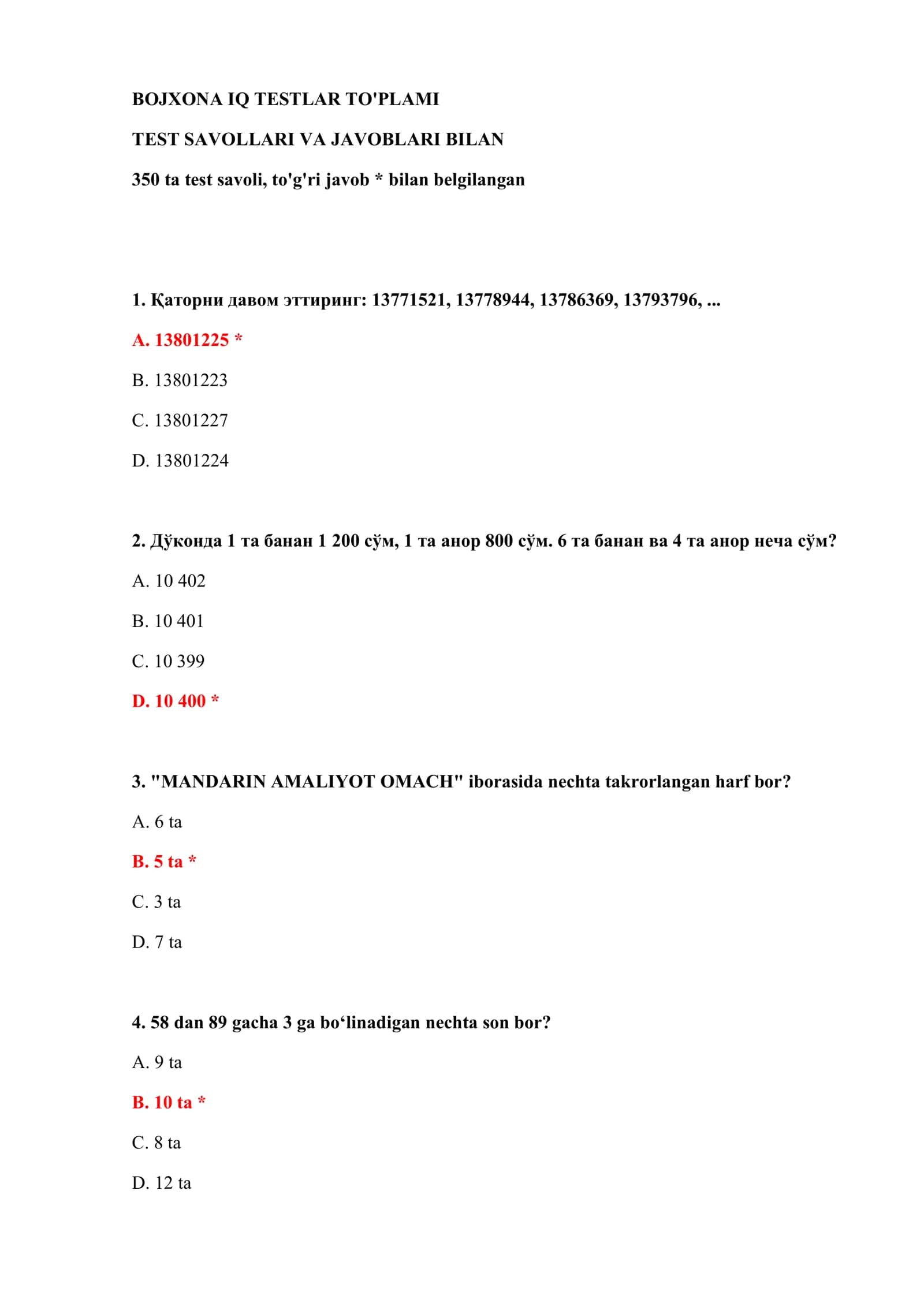 BOJXONA IQ TESTLAR TO'PLAMI 2