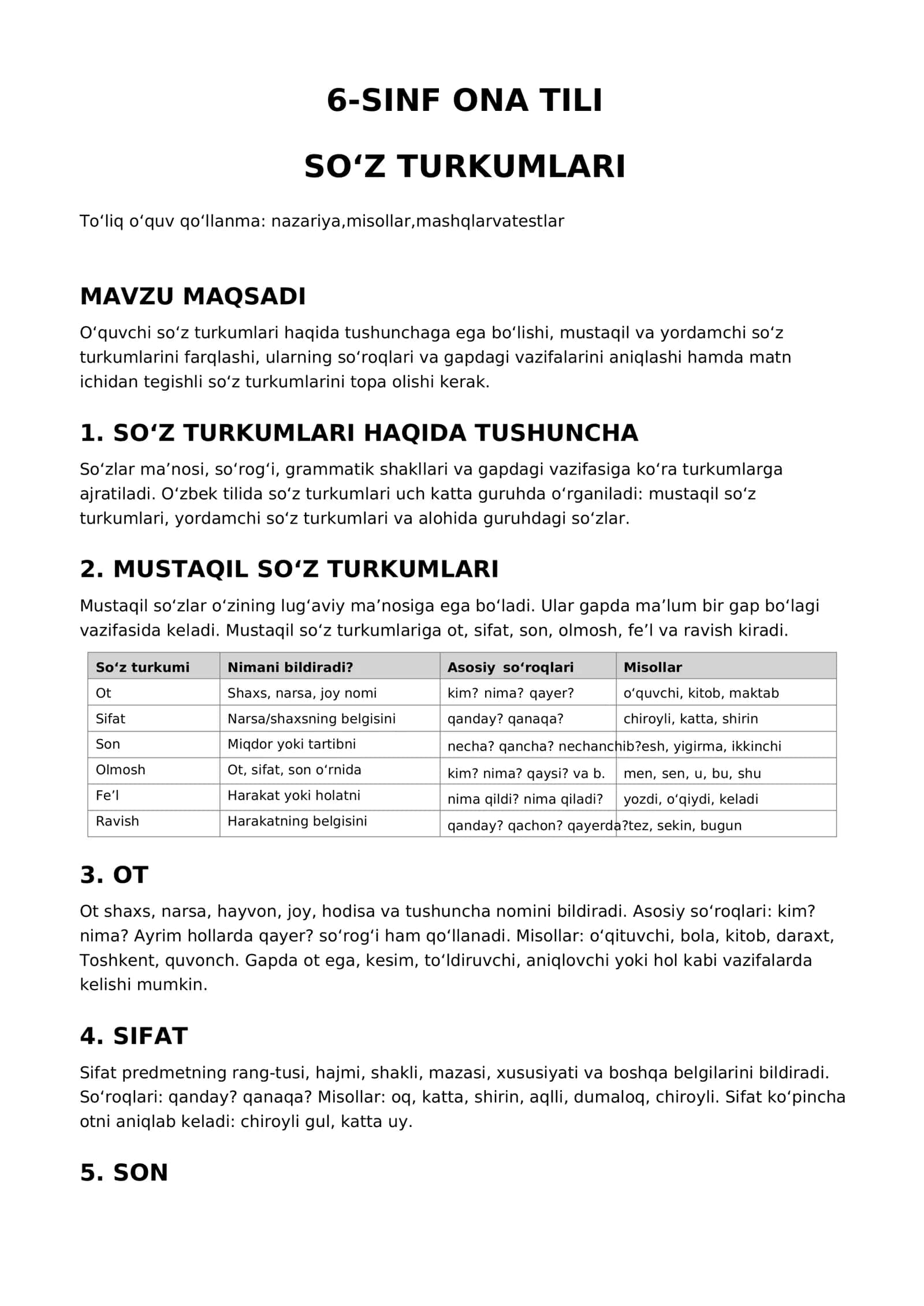 6-SINF ONA TILI soʻz turkumlari 2