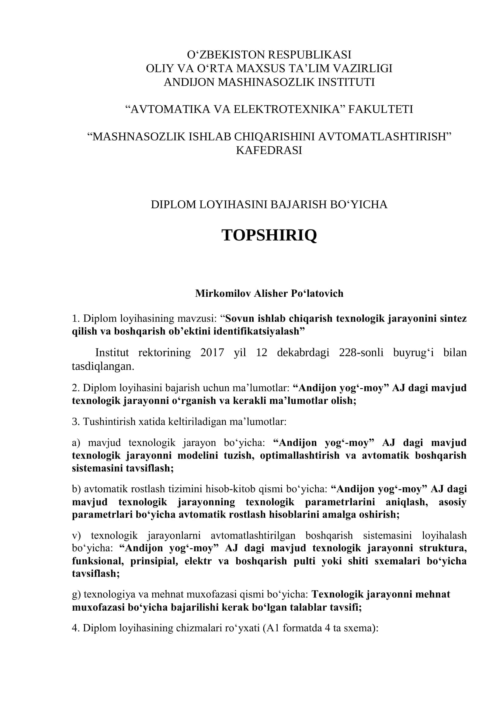 Diplom loyihasi "Sovun ishlab chiqarish texnologik jarayonini sintez qilish va boshqarish ob'ektini identifikatsiyalash" 2