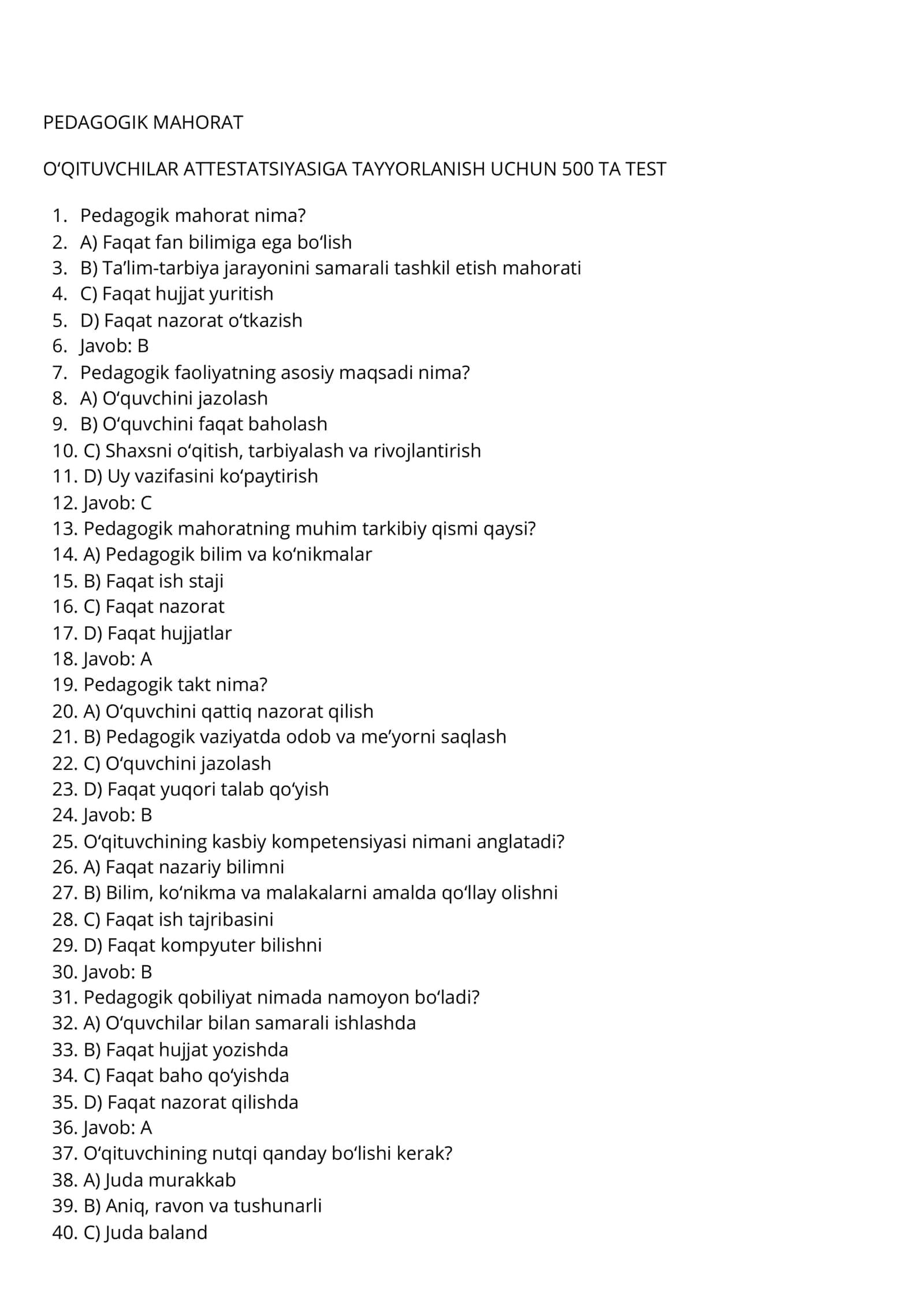 PEDAGOGIK MAHORAT O‘QITUVCHILAR ATTESTATSIYASIGA TAYYORLANISH UCHUN 500 TA TEST 2