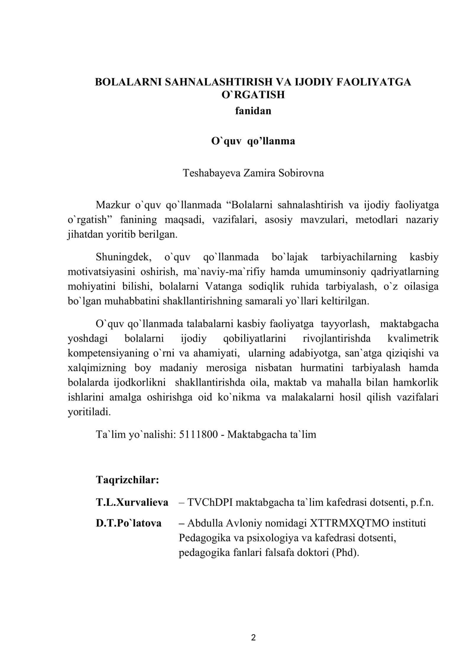 BOLALARNI SAHNALASHTIRISH VA IJODIY FAOLIYATGA O'RGATISH 2