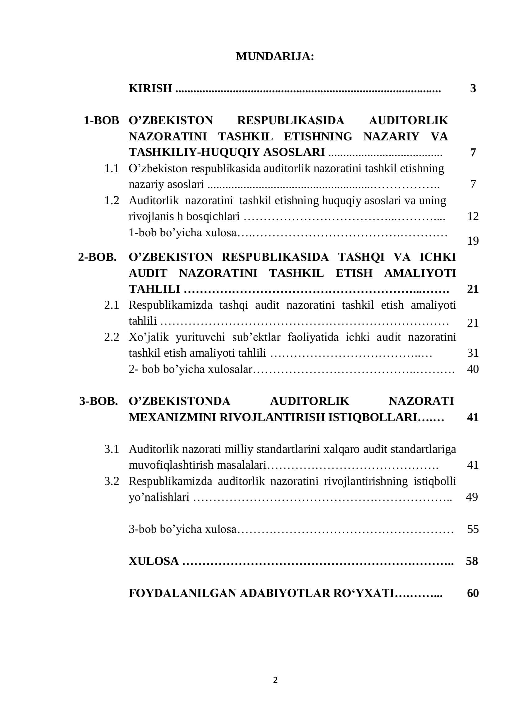 O‘ZBEKISTON RESPUBLIKASI OLIY VA O‘RTA MAXSUS TA’LIM VAZIRLIGI TOSHKENT MOLIYA INSTITUTI MOLIYA-IQTISOD FAKULTETI “MOLIYA” KAFEDRASI “O’ZBEKISTON RESPUBLIKASIDA AUDITORLIK NAZORATINI TASHKIL” 2
