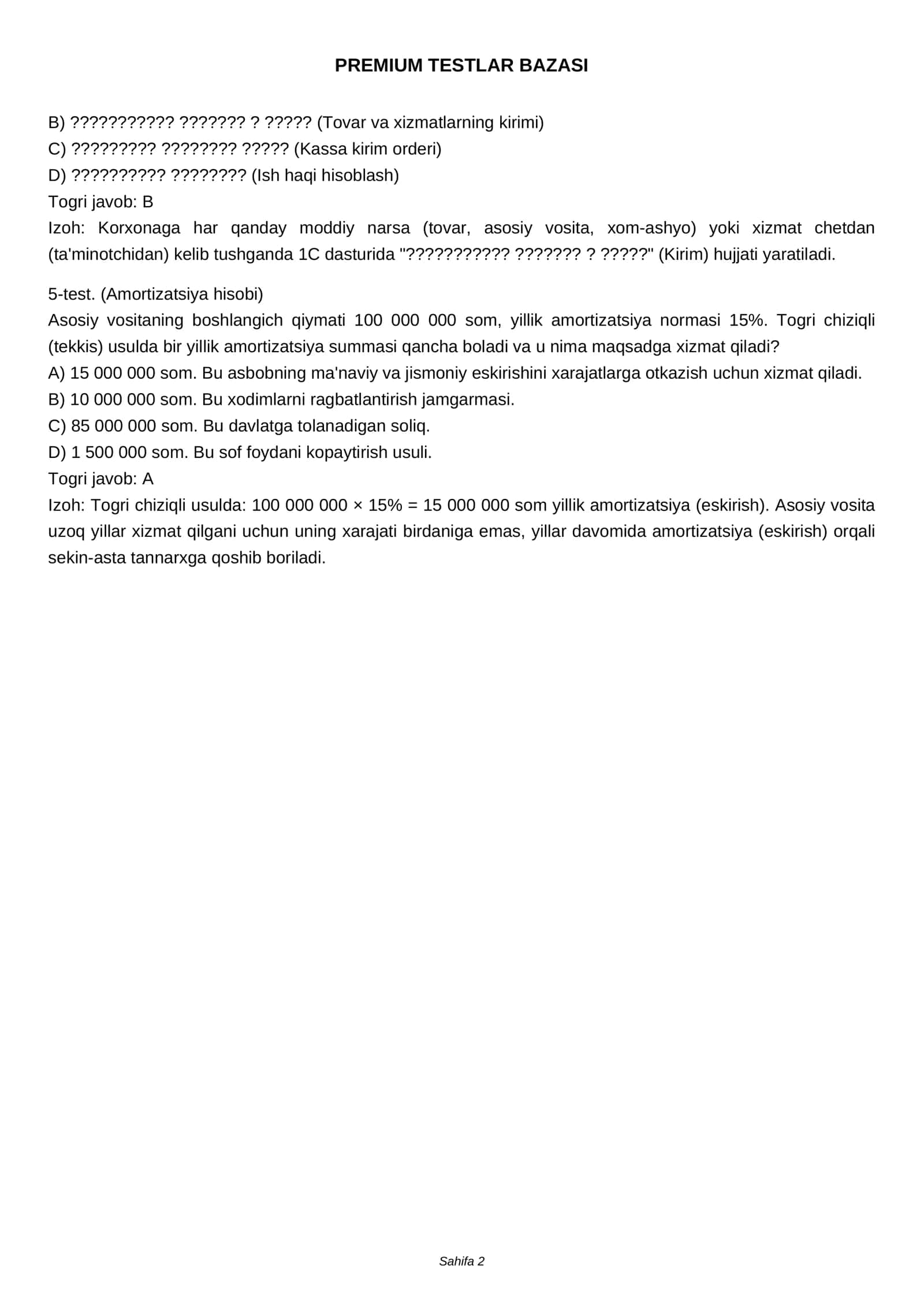 BUXGALTERIYA VA 1C DASTURI TESTLAR BAZASI 2