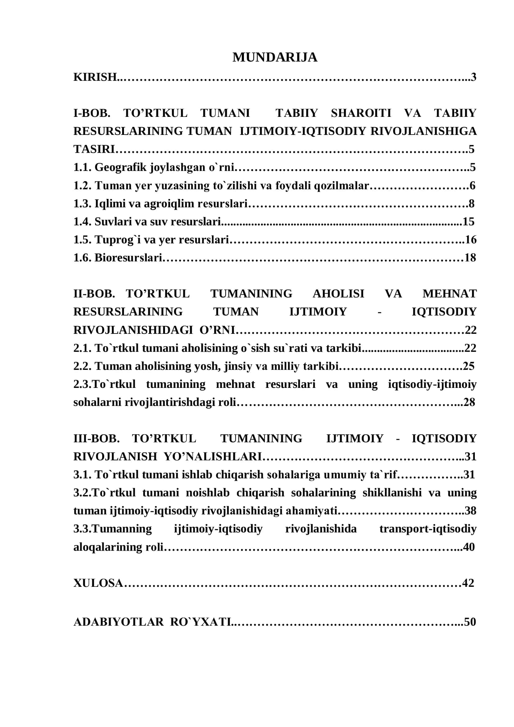 «To’rtkul tumaniga iqtisodiy geografik tarif » 2