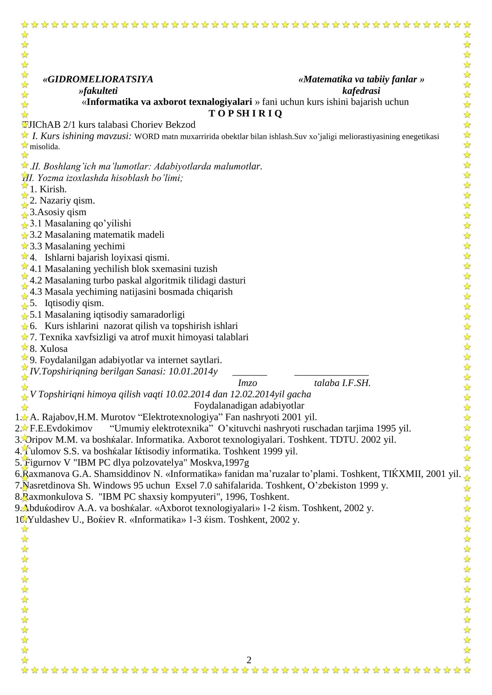 Kurs ishi "WORD matn muharrida ob`yektla bilan ishlash. Suv xo`jaligi melioratsiyasining energetikasi misolida" 2