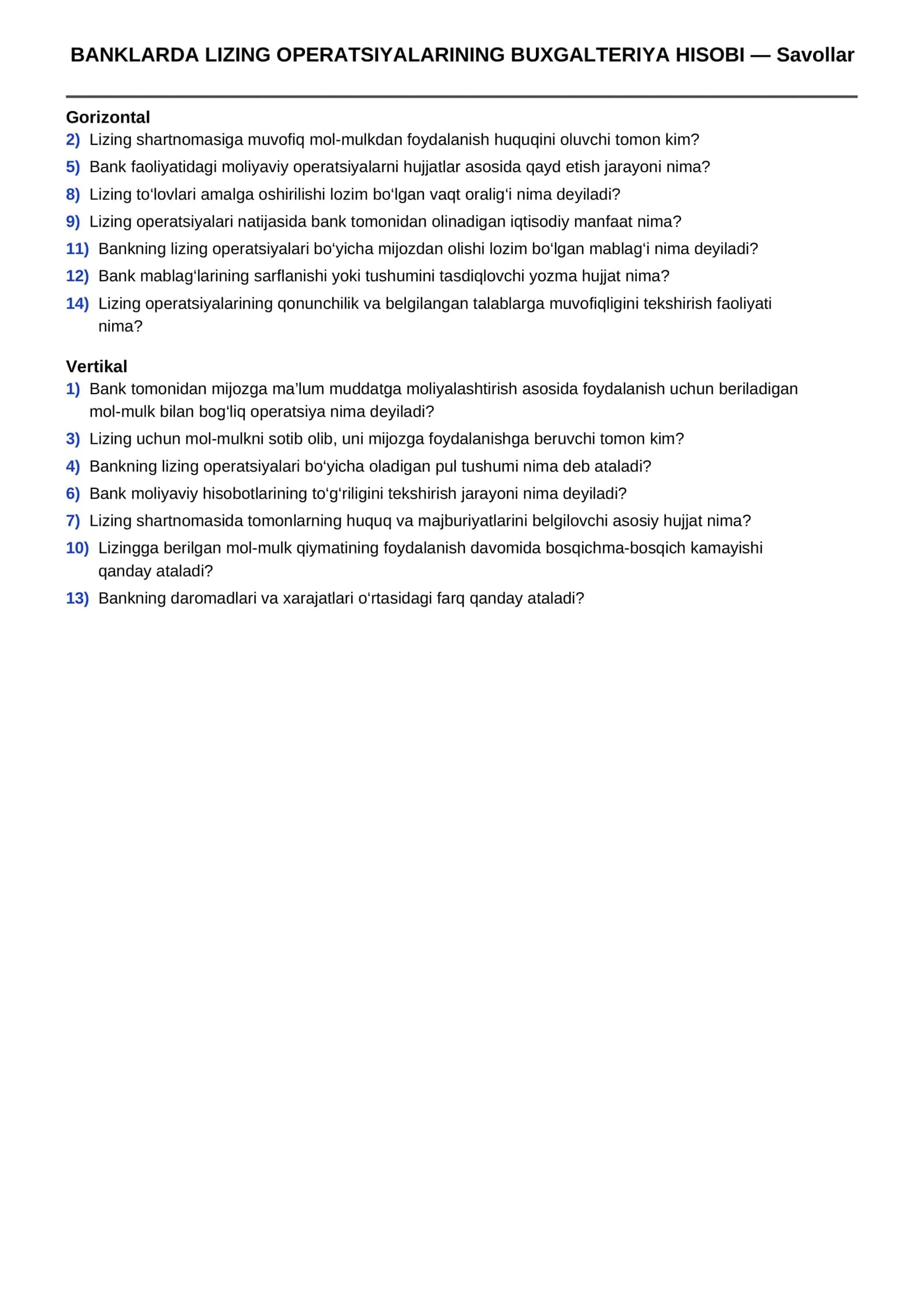 BANKLARDA LIZING OPERATSIYALARINING BUXGALTERIYA HISOBI krasword 2