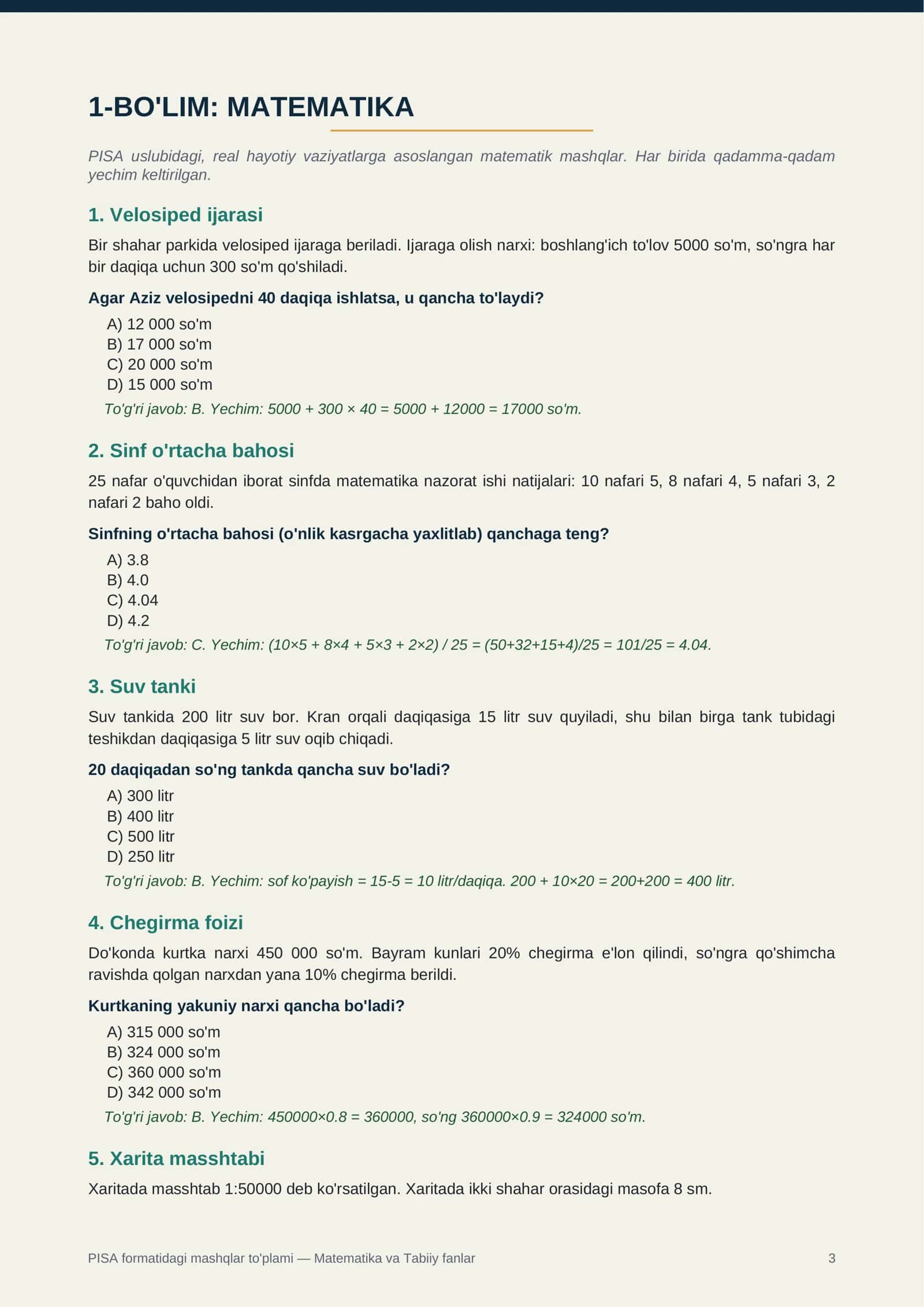 PISA FORMATIDAGI MATEMATIKA VA TABIIY FANLAR MASHQLARI 3