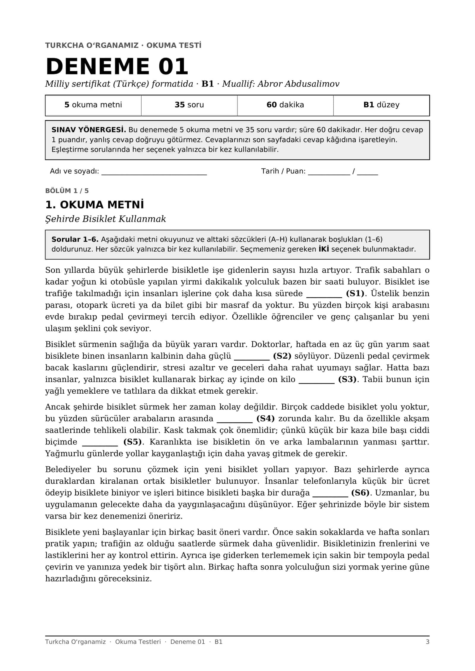 Turk tili Okuma testlari B1-B2-C1: 10 ta deneme, 350 savol (Milliy sertifikat formati, javoblar bilan) 3