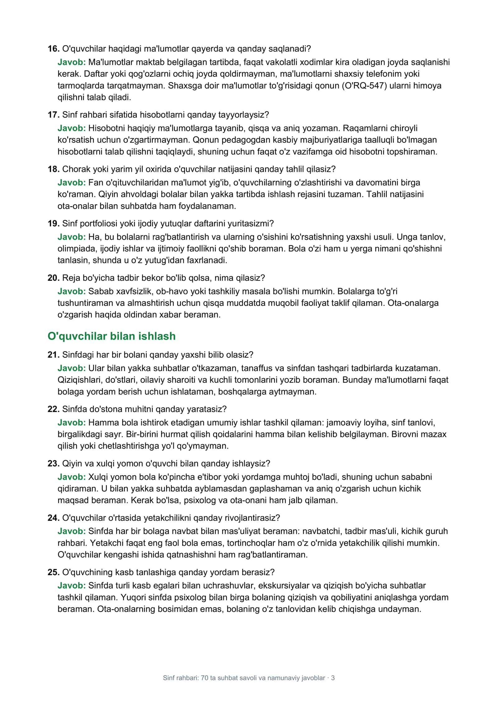 Sinf rahbari: 70 ta suhbat savoli va namunaviy javoblar · 1 3