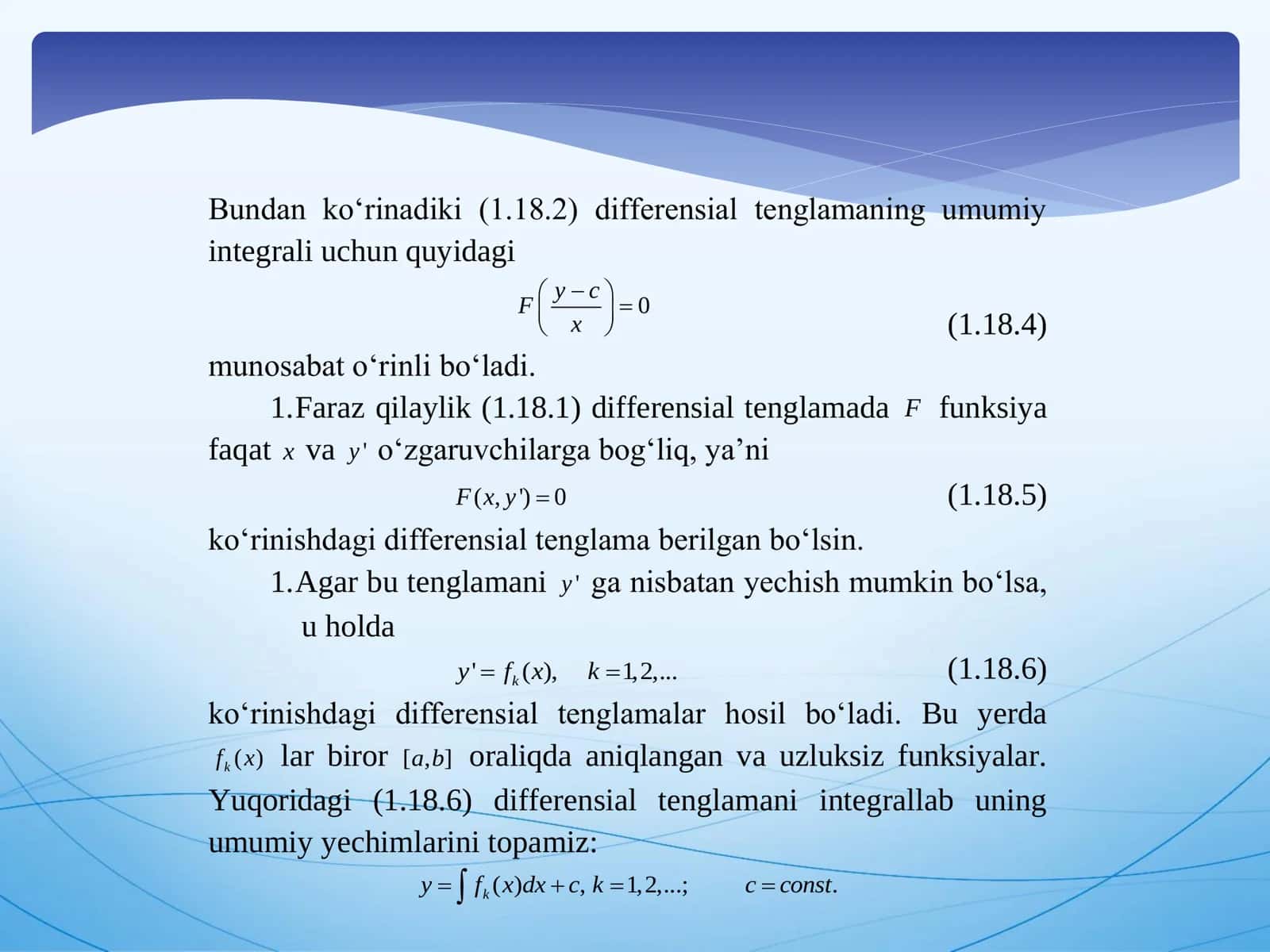 11-МАVZU. Hosilaga nisbatan yechilmagan sodda differensial tenglamalar, Lagranj va Klero differensial tenglamalari 3