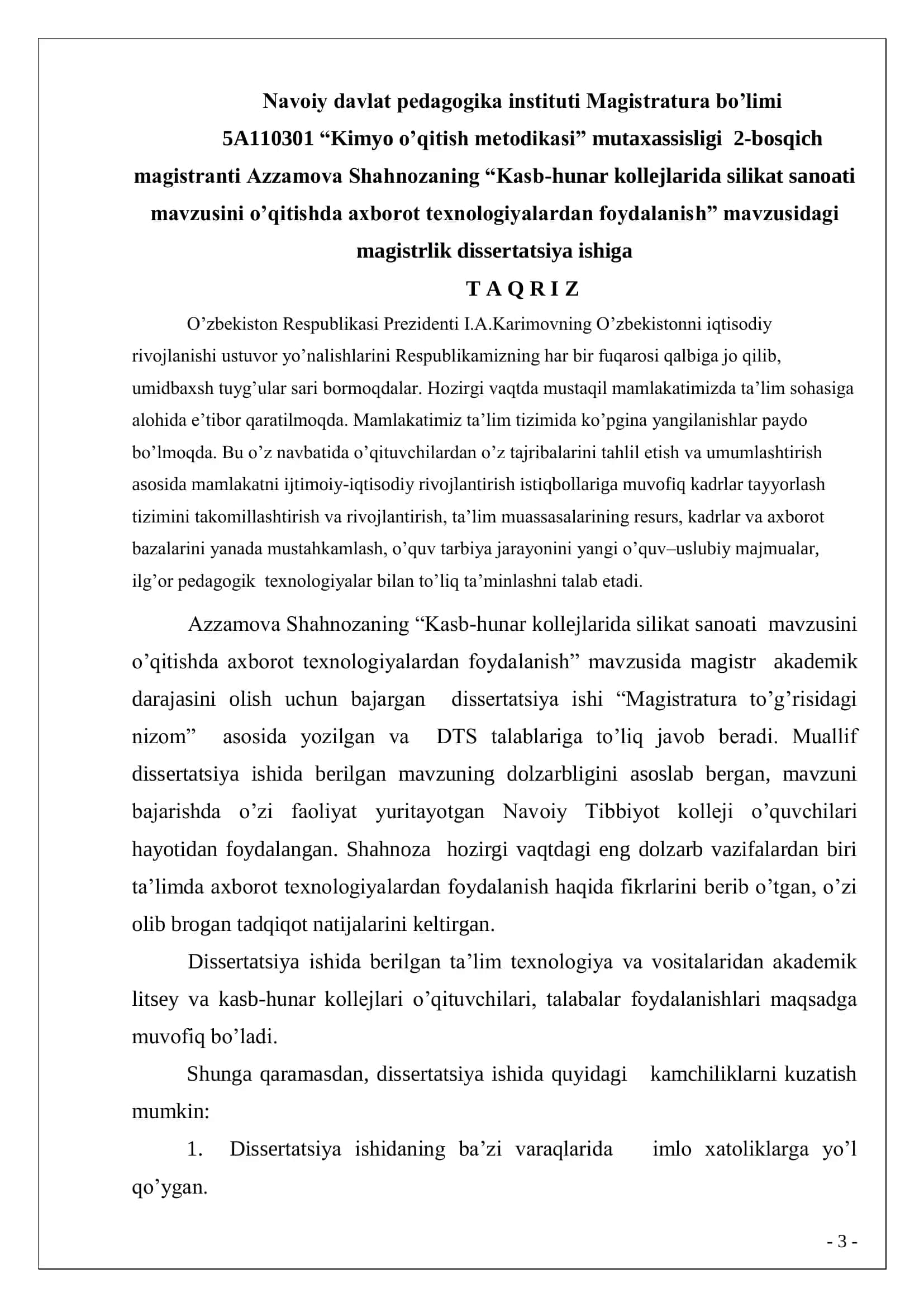 KASB-HUNAR KOLLEJLARIDA “KIMYOVIY ISHLAB CHIQARISHNI TASHKIL QILISH ASOSLARI” MAVZUSINI O’QITISH METODIKASI 3