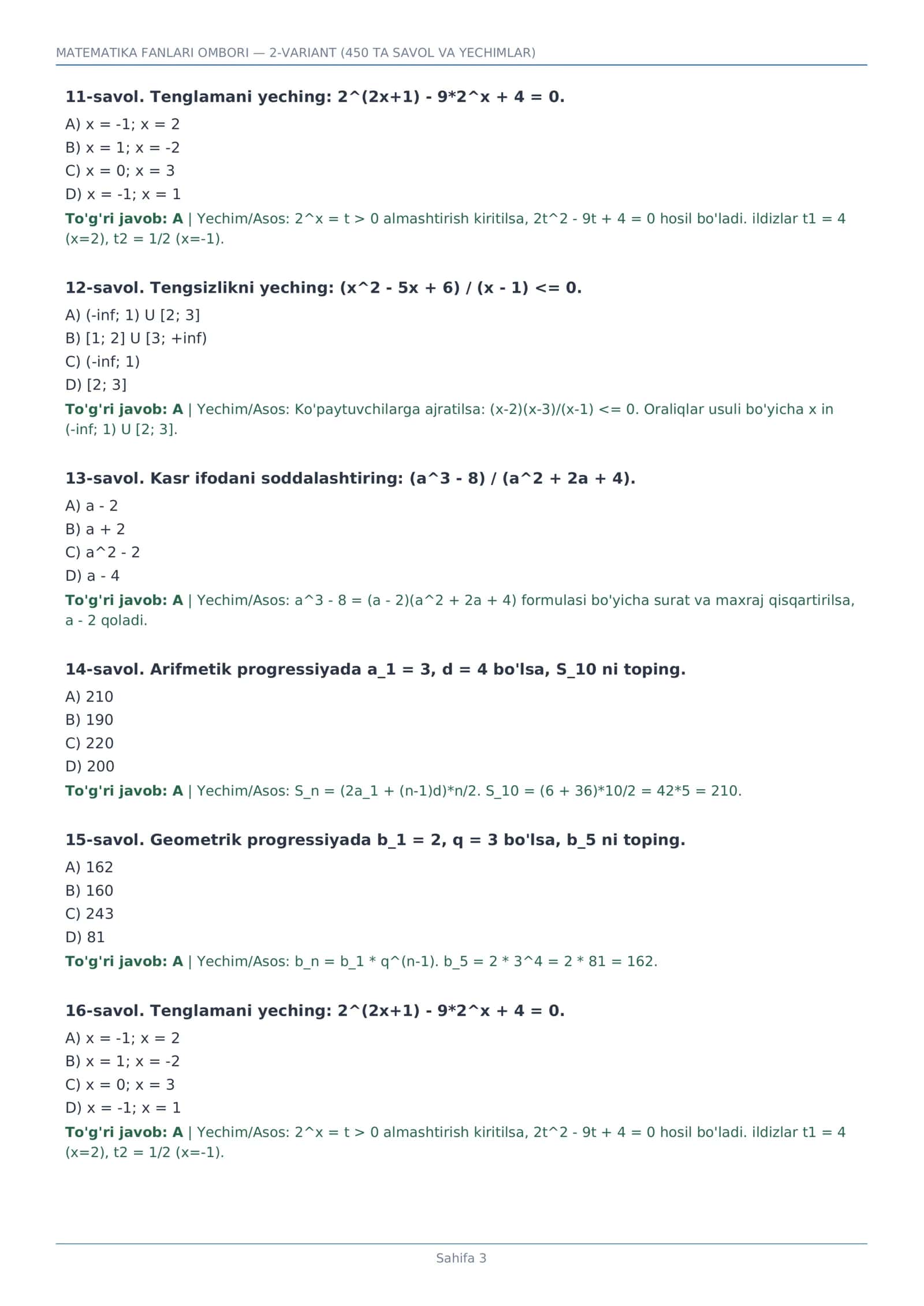 MATEMATIKA FANLARI OMBORI — 2-VARIANT (450 TA SAVOL VA YECHIMLAR) 3