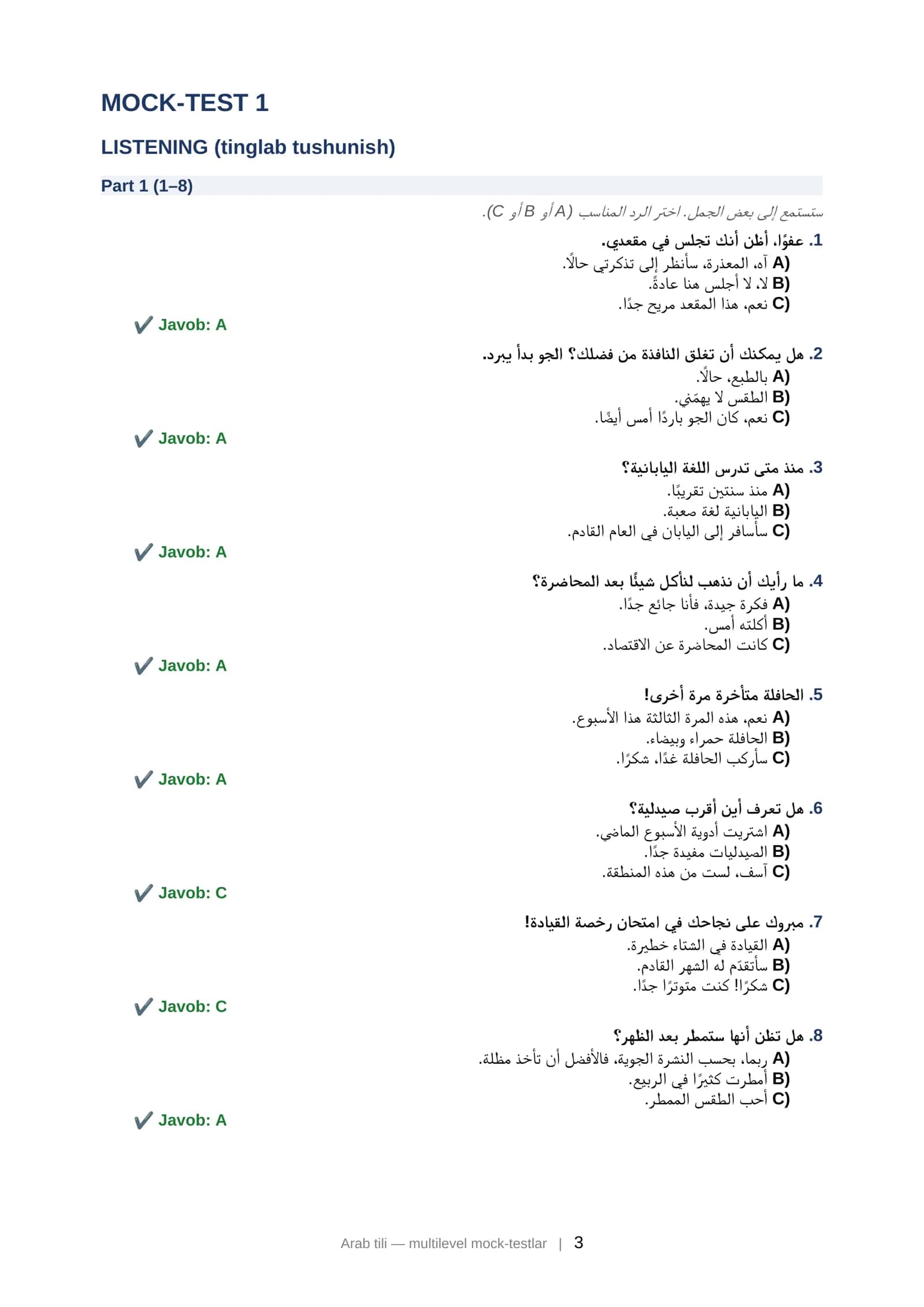 ( ARAB TILI Multilevel (CEFR) milliy sertifikat imtihoniga tayyorgarlik: mock-testlar to'plami (2025–2026) 3