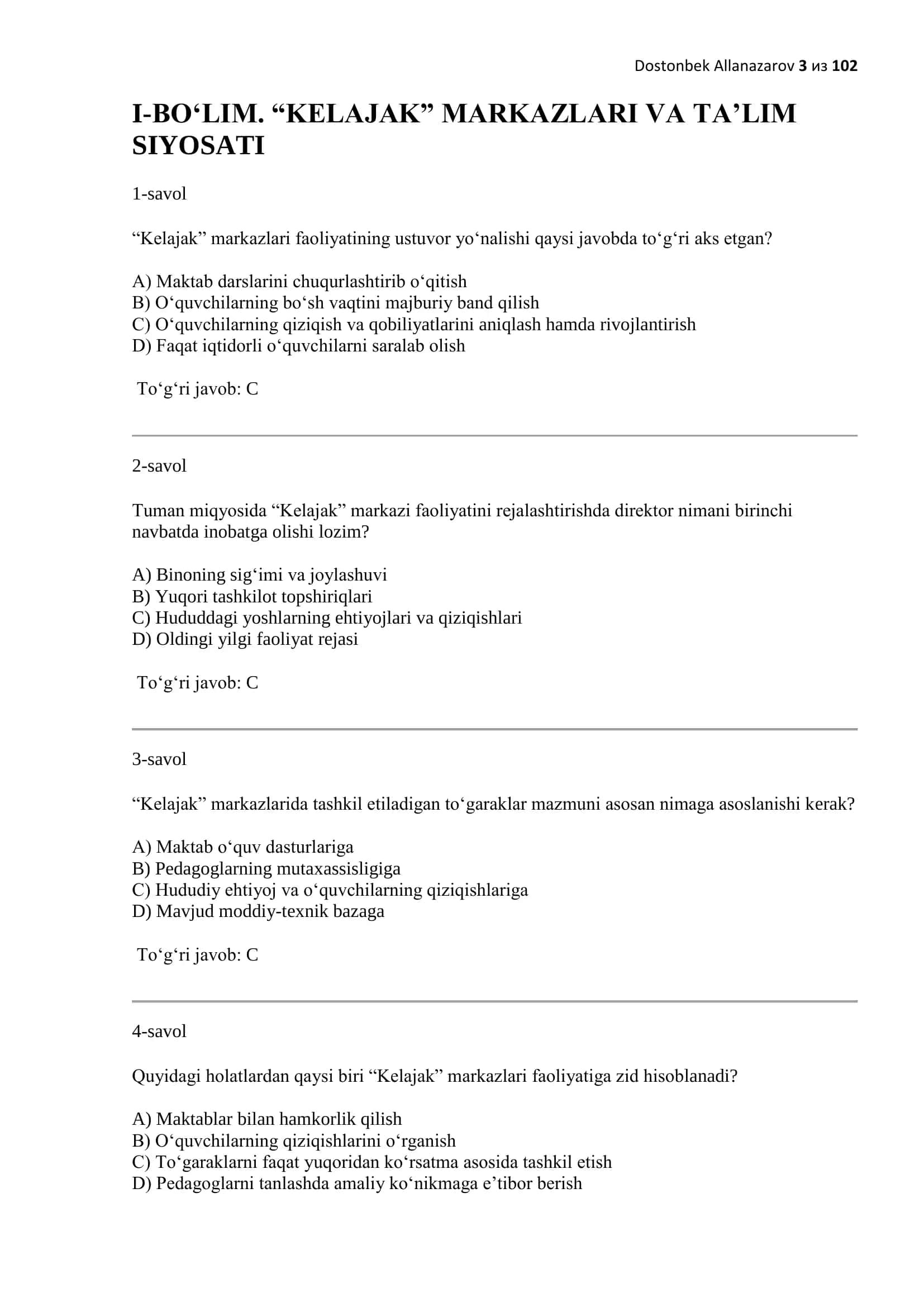 Kelajak markazi direktorlari uchun test 3