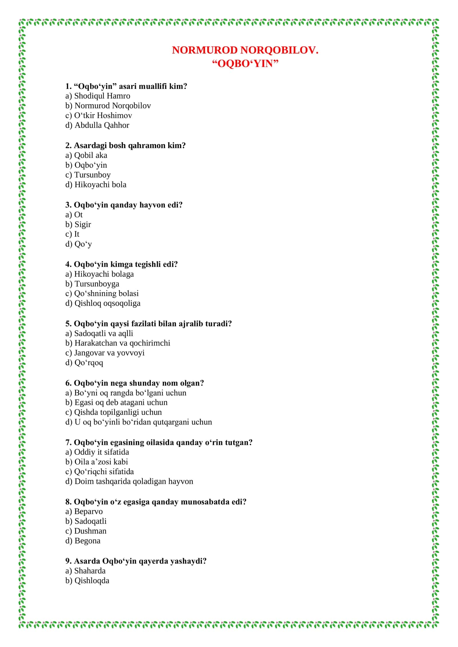 7-SINF ADABIYOT KIRISH. BADIY TAHLIL ASOSLARI TEST SAVOLLARI 3