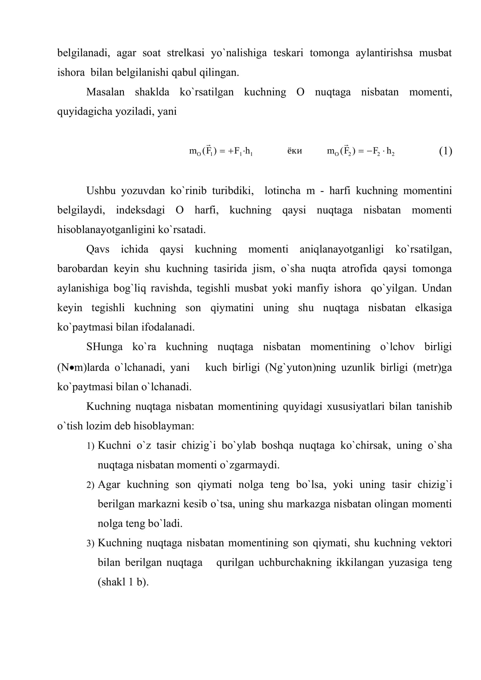 Kuchning nuqtaga va o`qqa nisbatan momenti. Juft kuchlar. Juft kuchlarning momenti. Ekvivalent juftlar 3