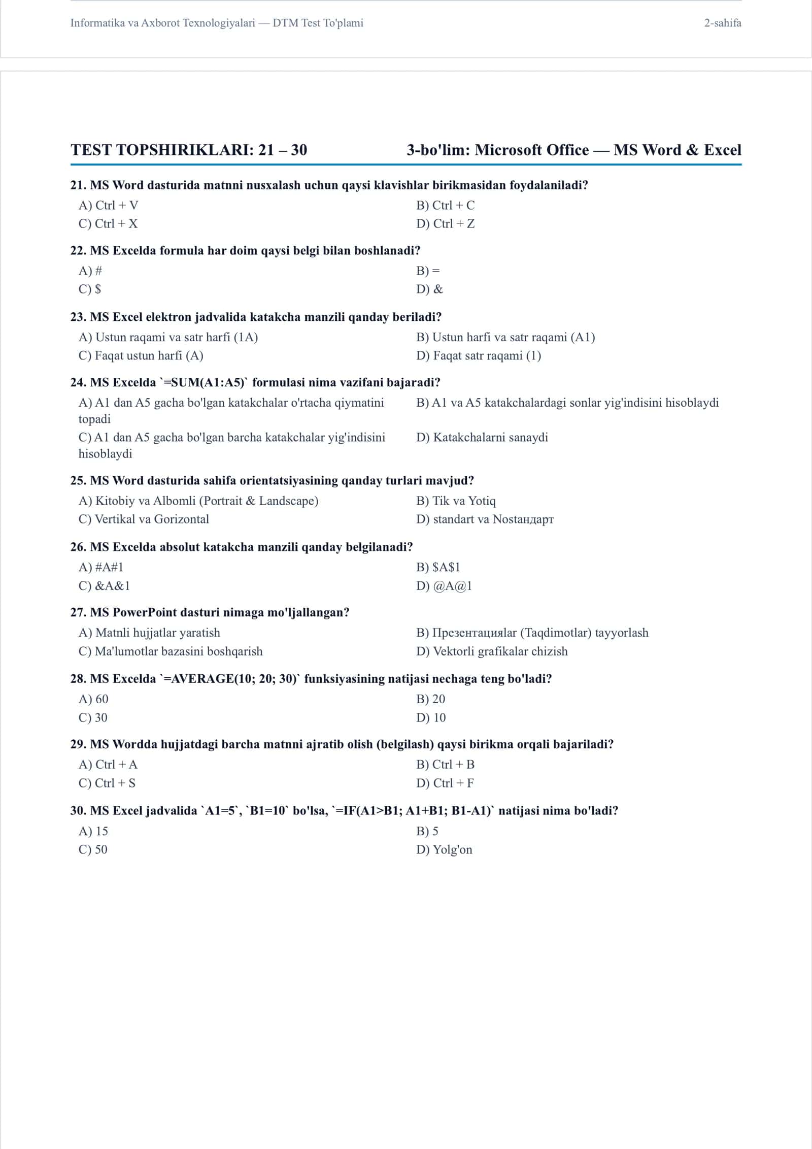 Texnik tizimlarda axborot texnologiyalari va Informatika va axborot texnologiyalari fanidan maxsus Testlar, javoblari bilan birga 3