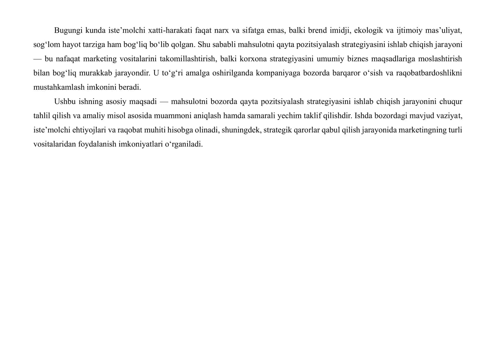 MAHSULOTNI BOZORDA QAYTA POZITSIYALASH STRATEGIYASINI ISHLAB CHIQISH 3