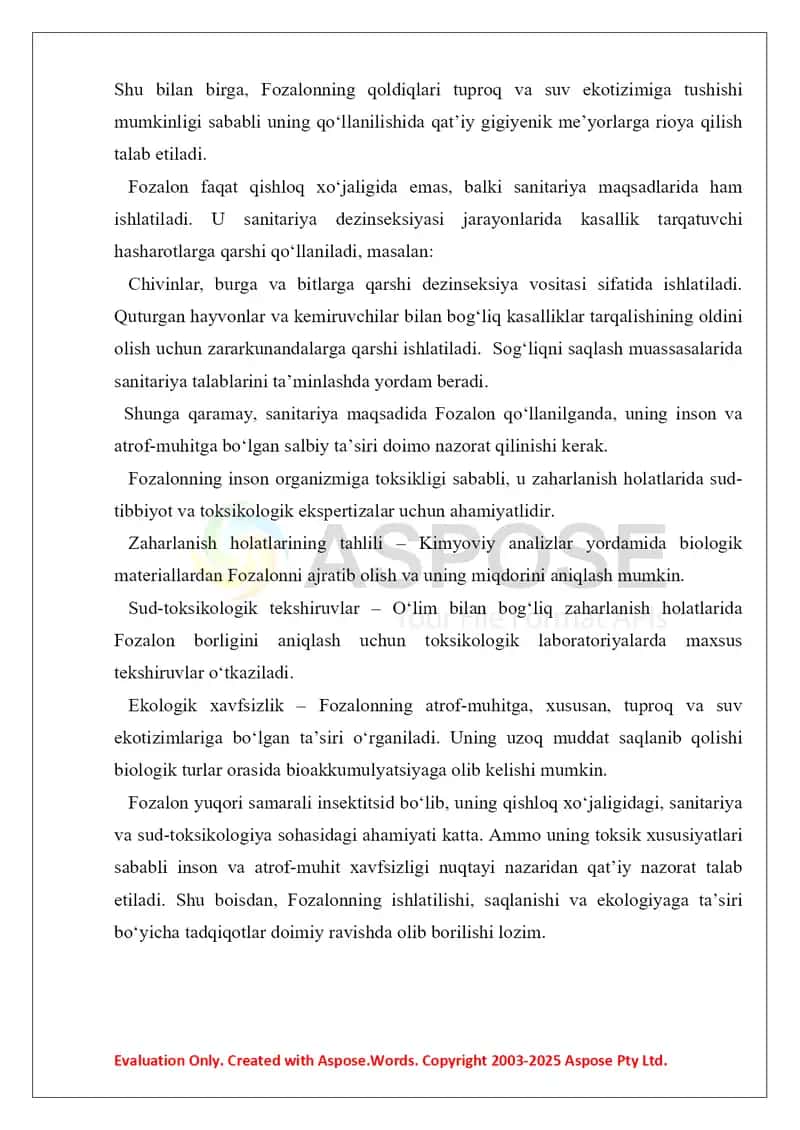 7. Fozalon va krisid. Toksikologik ahamiyati, izolyatsiyasi, sifat va miqdoriy tahlili. Referat 14 bet. Ma'lum sabablarga ko'ra, referatda fozalonga doir ma'lumotlar yoritilgan, lekin krisid yoritilmagan. Narx ham shunga mos ravishda past belgilandi. 3