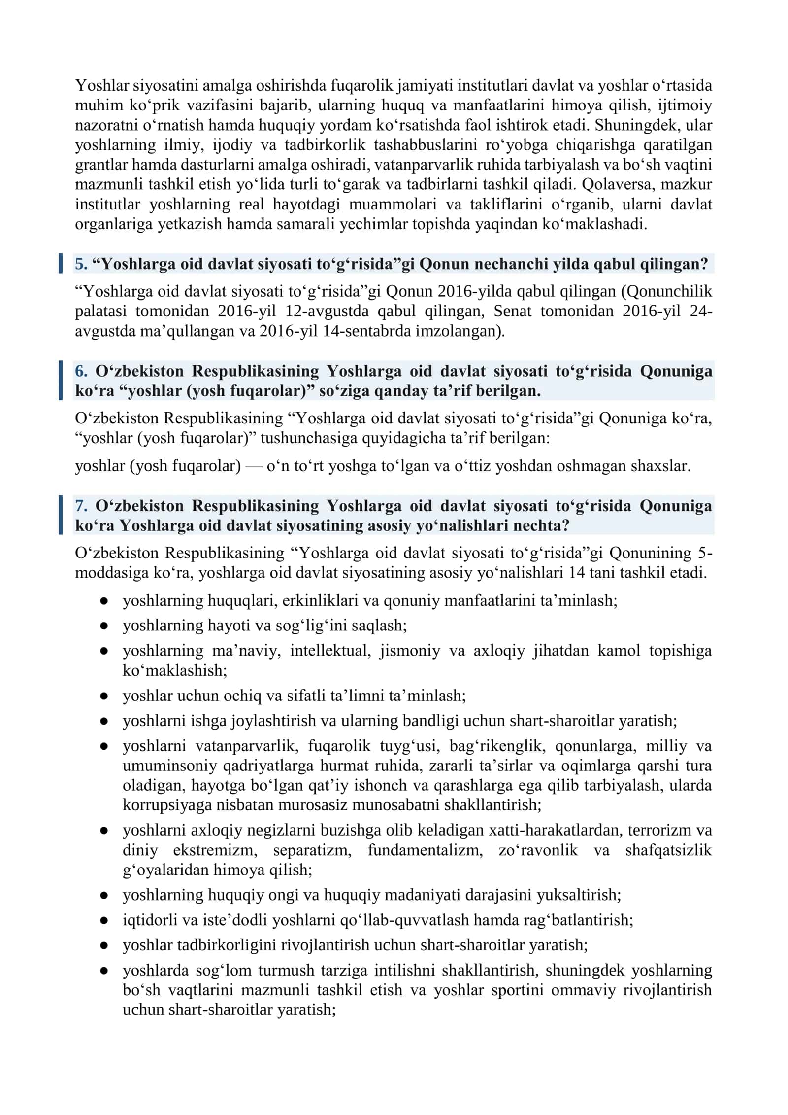 Yoshlar yetakchisi lavozimi uchun savol-javoblar to'plami 3