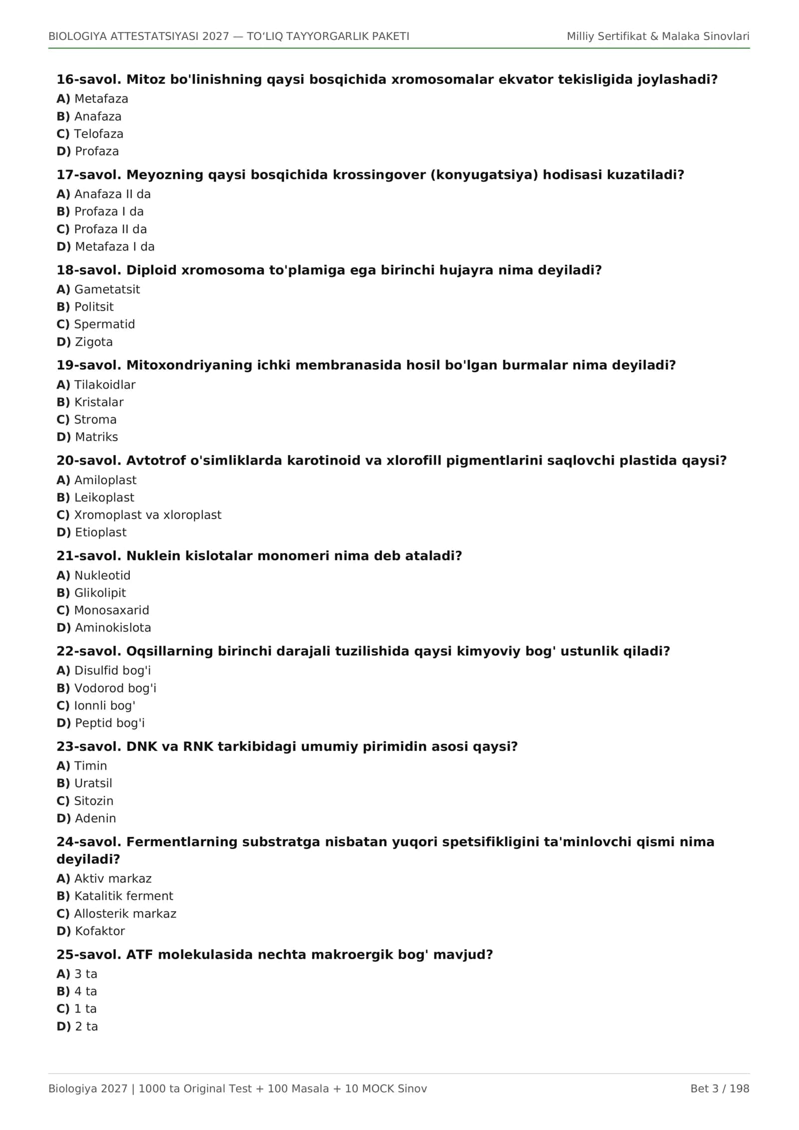 BIOLOGIYA ATTESTATSIYASI 2027 — 1000 TA TEST + 10 MOCK + 100 MASALA 3