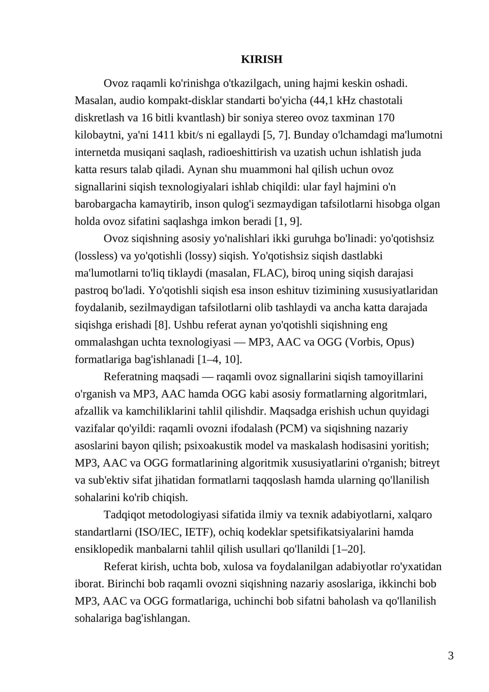 «RAQAMLI OVOZ SIGNALLARINI SIQISH TEXNOLOGIYALARI (MP3, AAC, OGG FORMATLARI)» 3