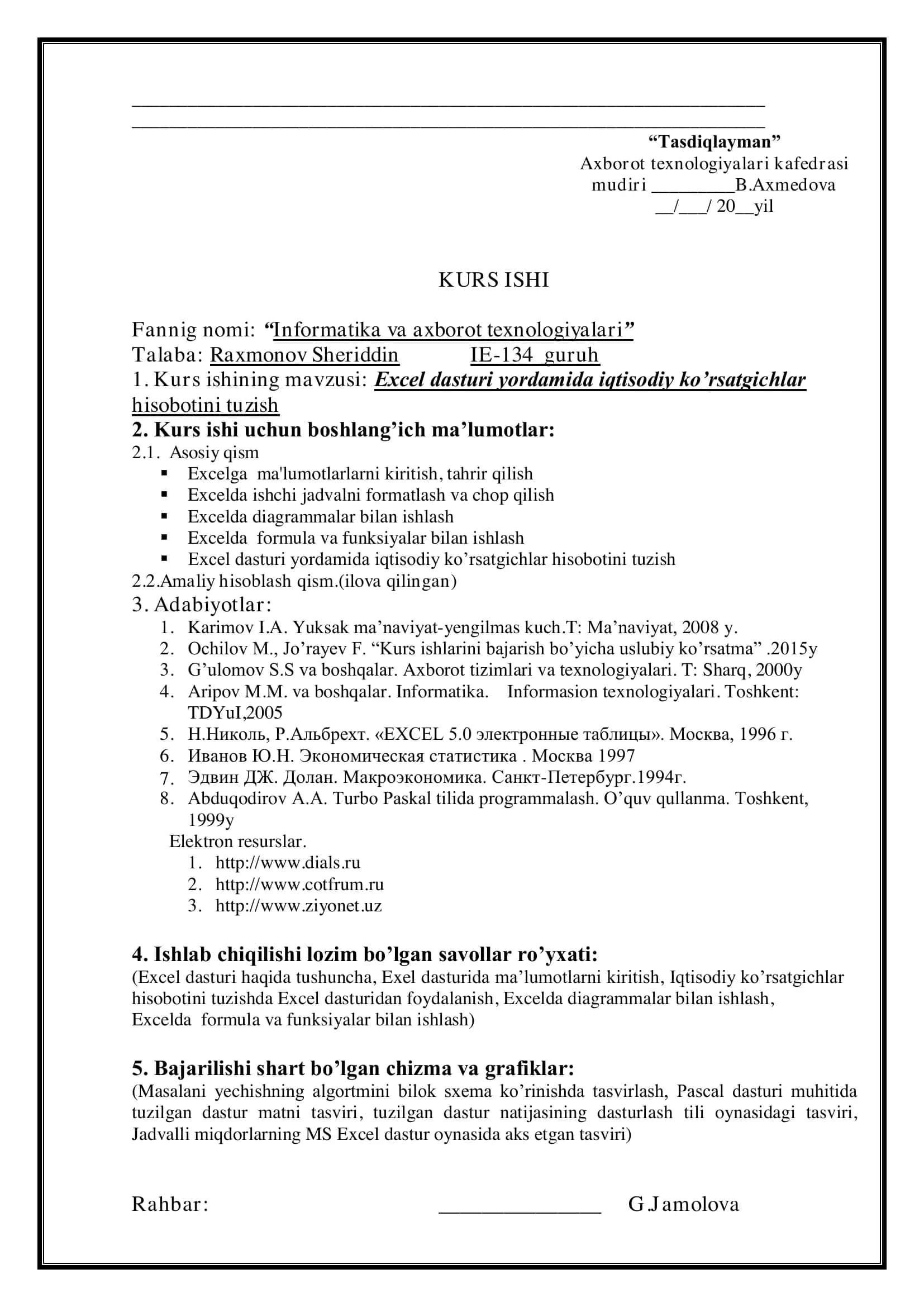 Excel dasturi yordamida iqtisodiy ko’rsatgichlar hisobotini tuzish 3
