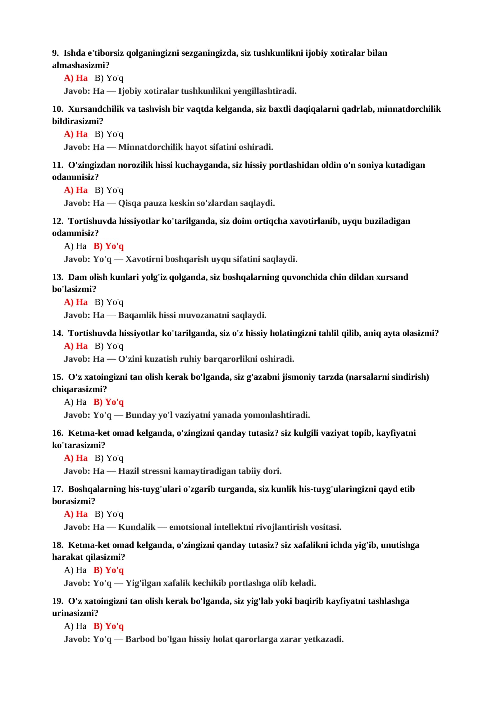 O'ZINI QADRLASH DARAJASINI ANIQLASH TESTI 3