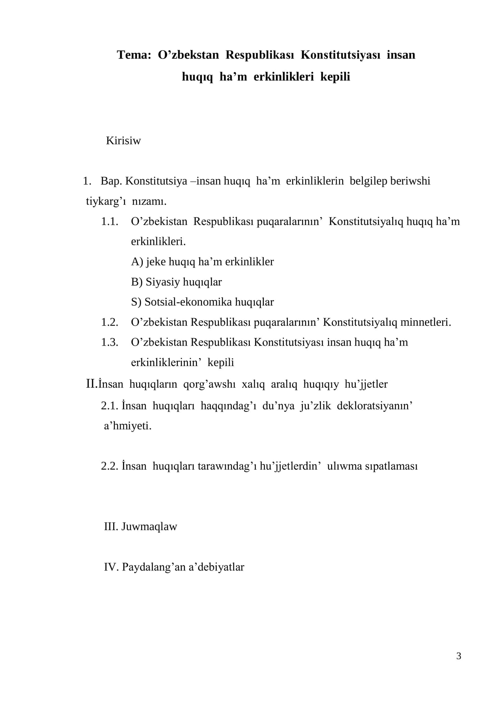 O’zbekstan Respublikası Konstitutsiyası insan huqıq ha’m erkinlikleri kepili 3