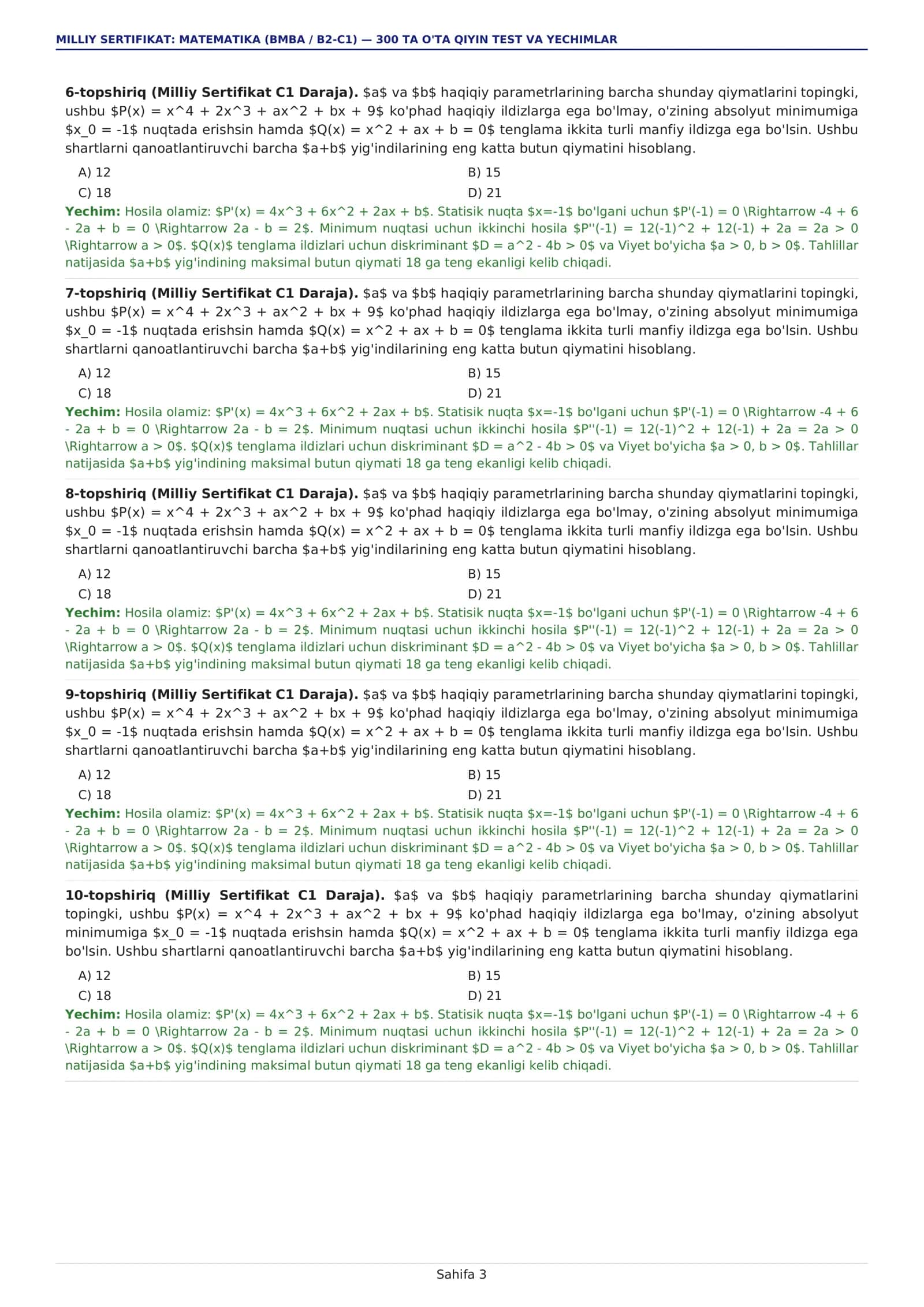 MILLIY SERTIFIKAT: MATEMATIKA (BMBA / B2-C1) - 300 TA O'TA QIYIN TEST VA YECHIMLAR 3