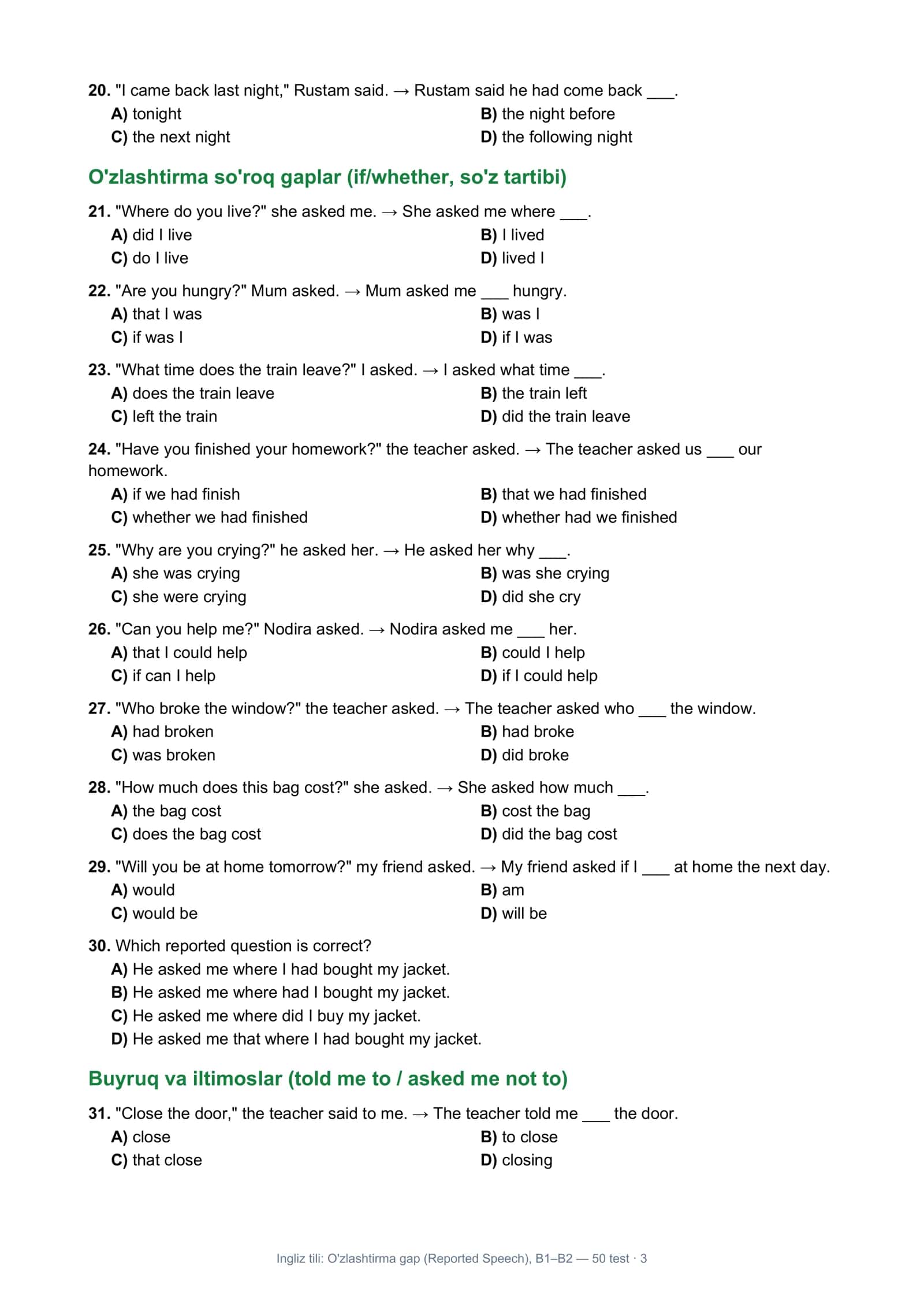 Ingliz tili: O'zlashtirma gap (Reported Speech), B1–B2 3