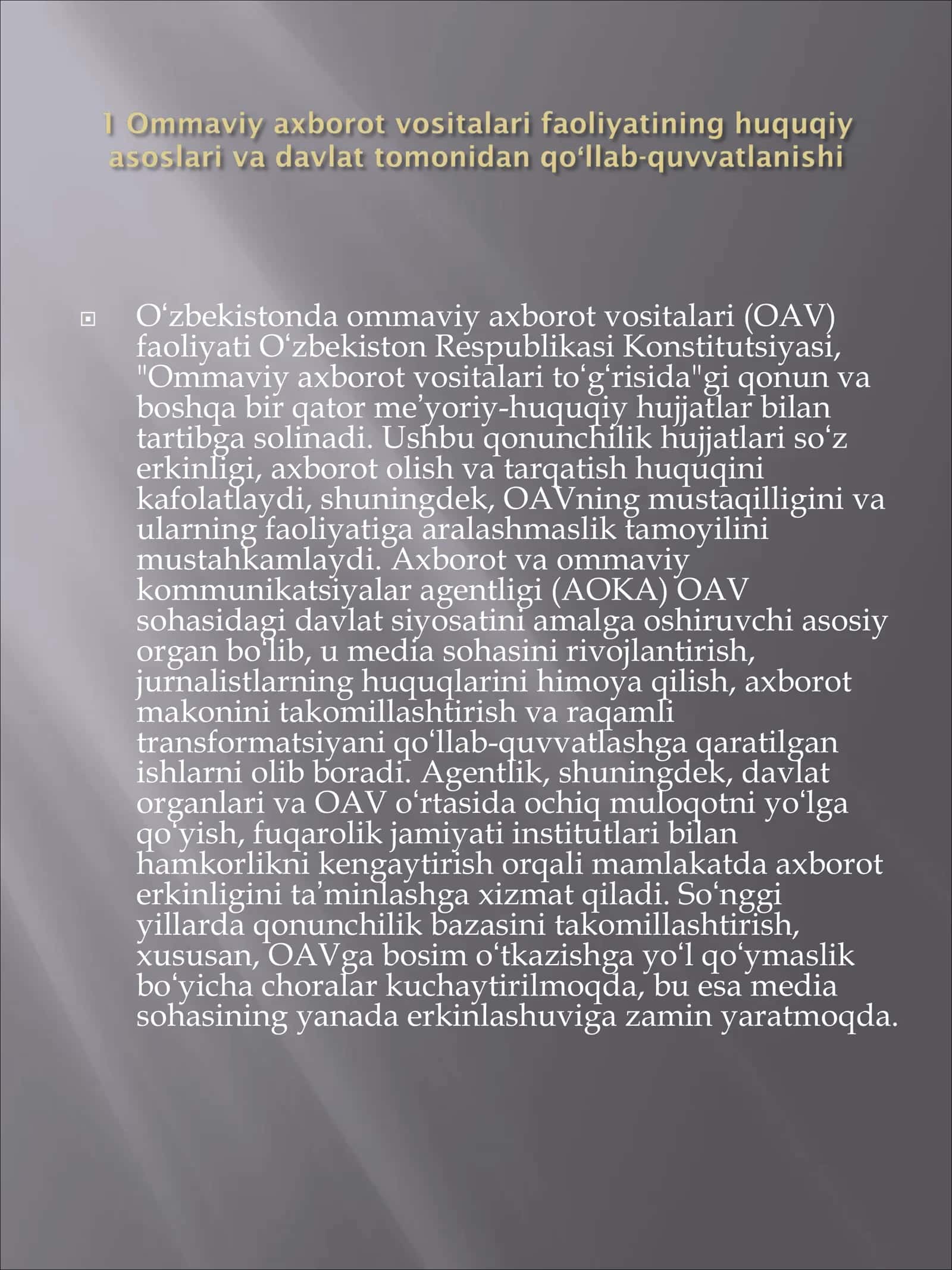 Ommaviy Axborot Vositalari faoliyatining huquqiy asoslari va davlat tomonidan qóllab-quvvatlanishi 3