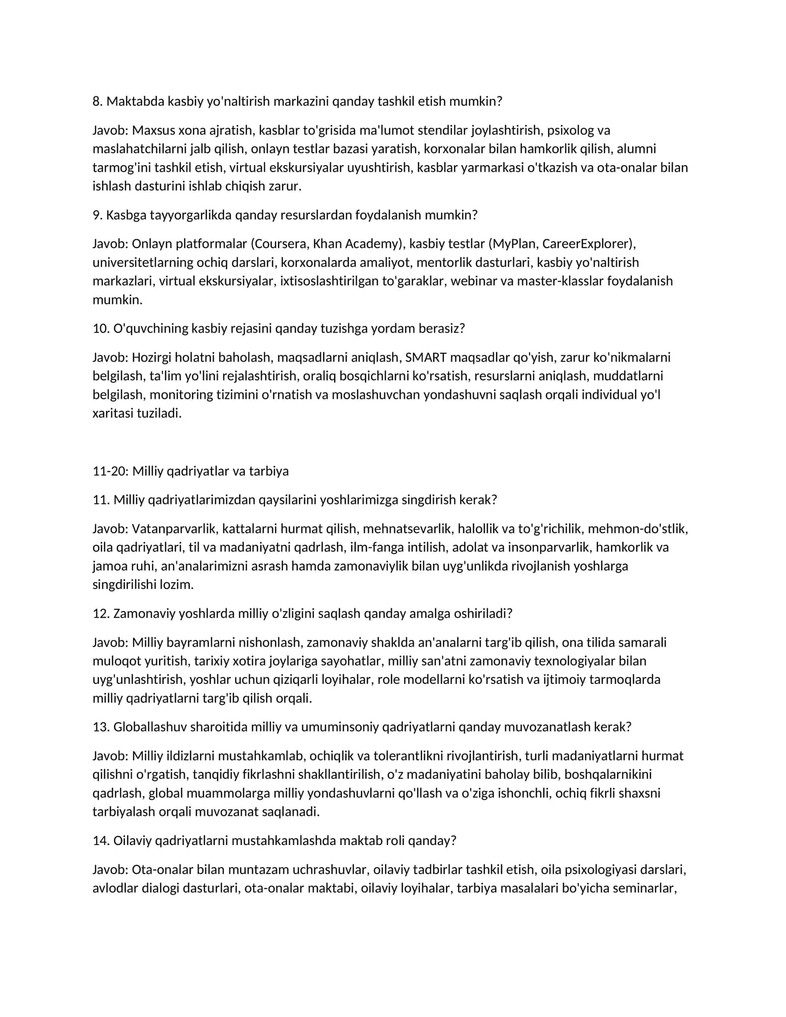 Maktab maslahatchisi lavozimi uchun imtihon savollari va javoblari 3