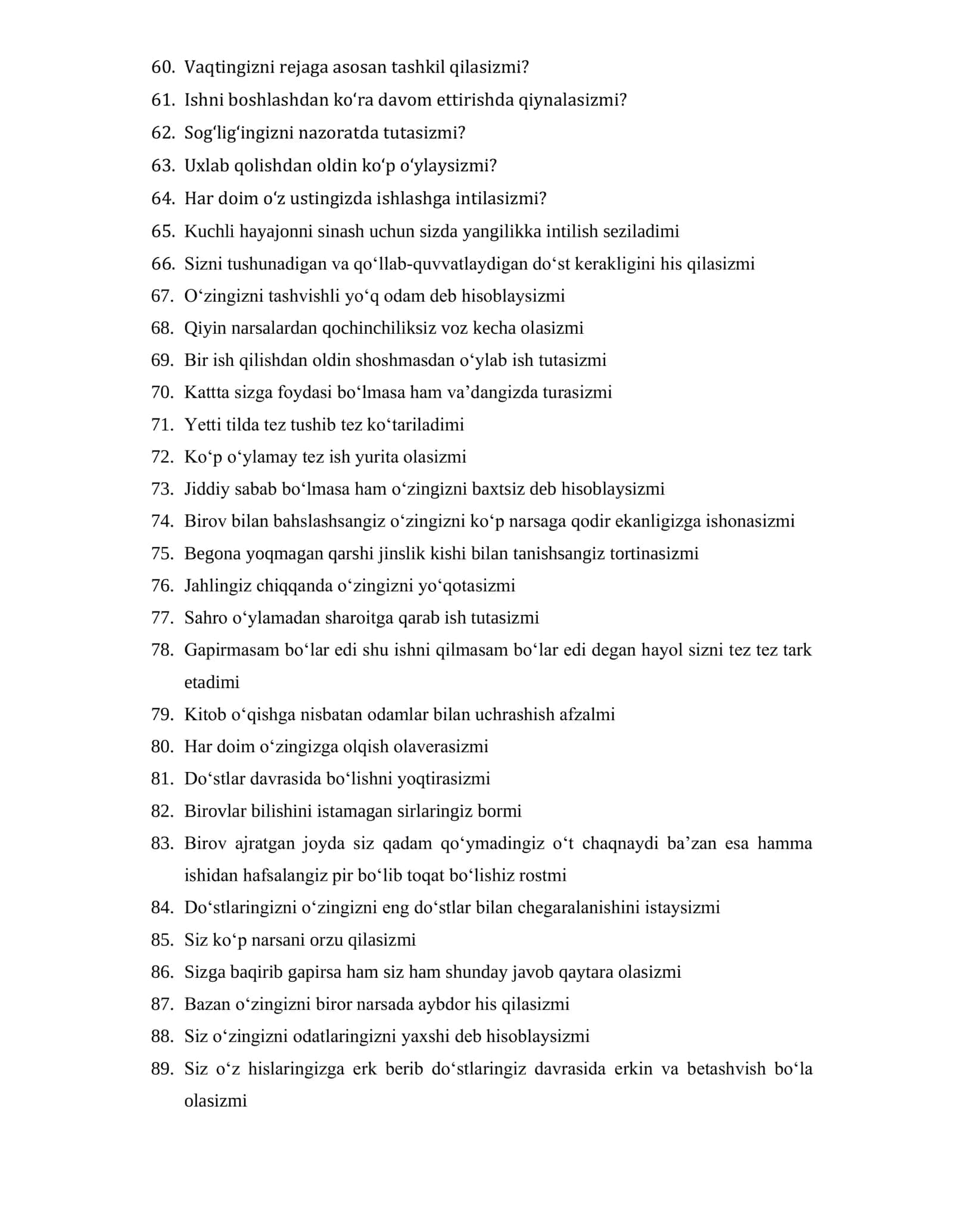 Harbiy tibbiyot instituti PSIXOLOGIK TEST SAVOLLARI HA/YO’Q (120 ta) 3