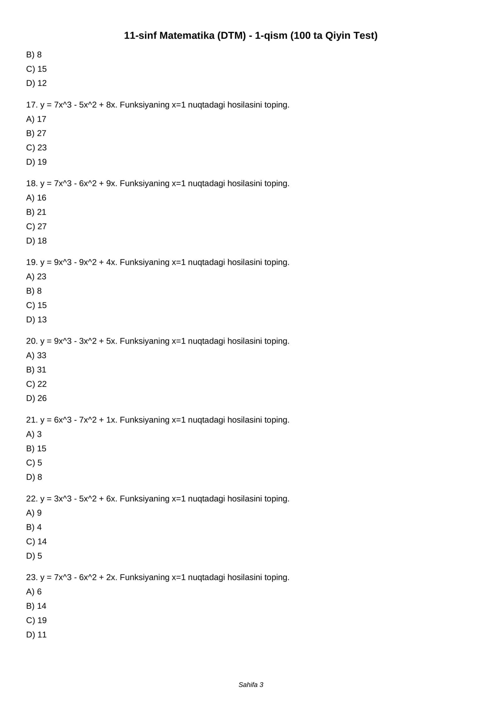 11-sinf Matematika (DTM) - 1-qism (100 ta Qiyin Test) 3