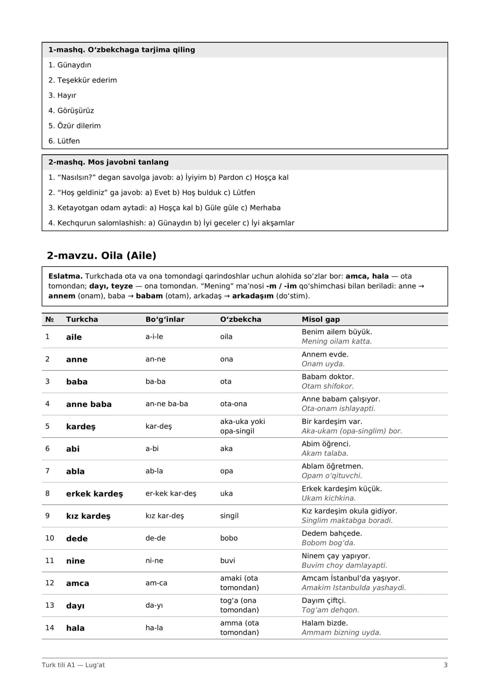 Turk tili A1 to'plam: lug'at + 500 savollik test + javoblar (PDF) 3