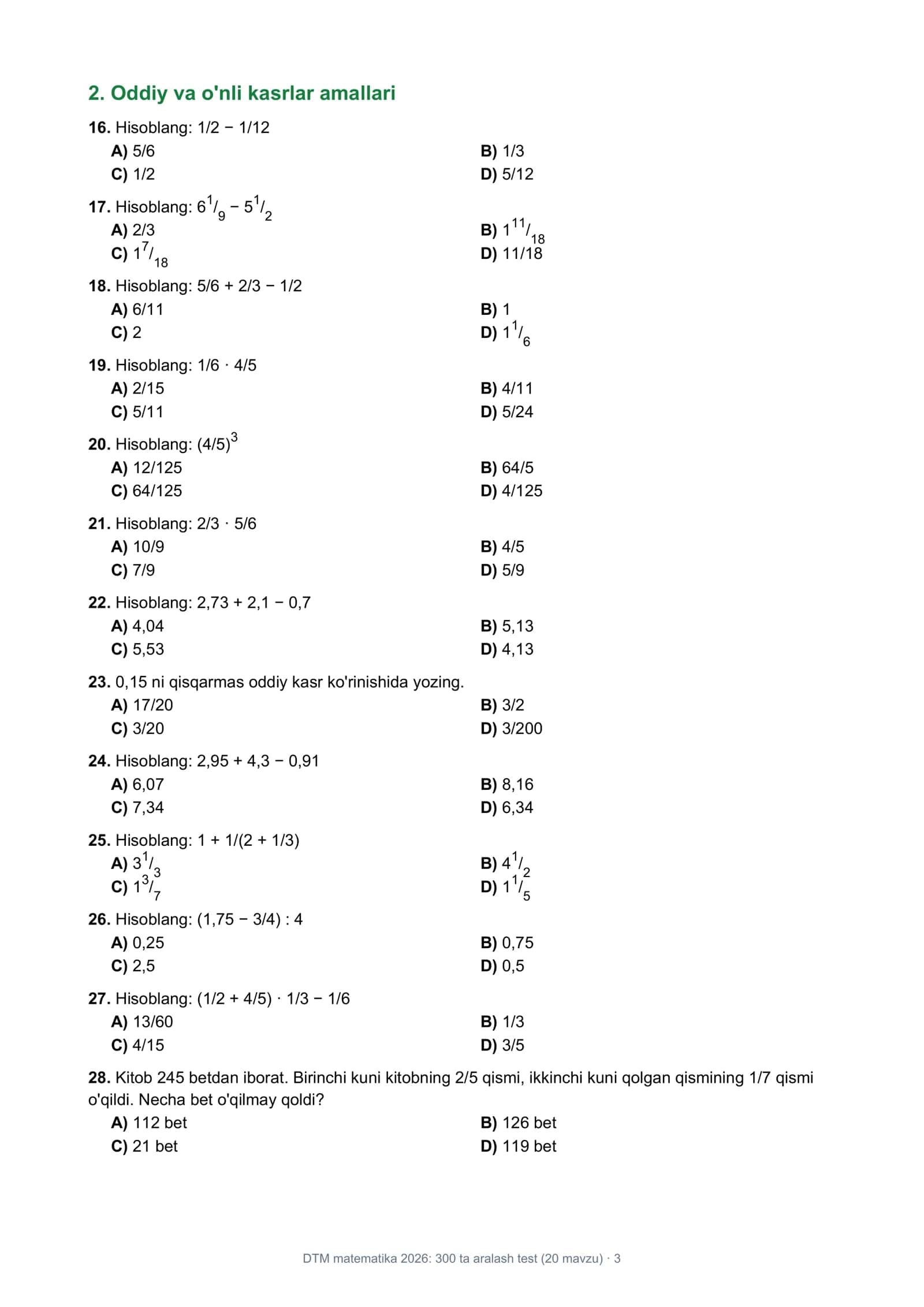 DTM matematika 2026: 300 ta aralash test (20 mavzu) 3
