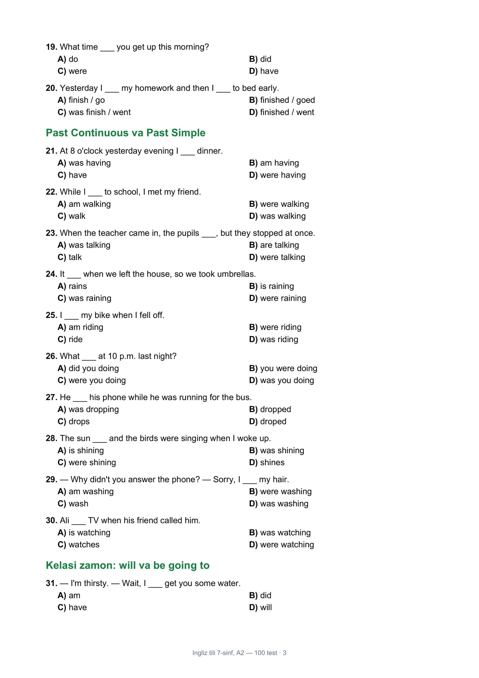 Ingliz tili 7-sinf, A2 — 100 test 3