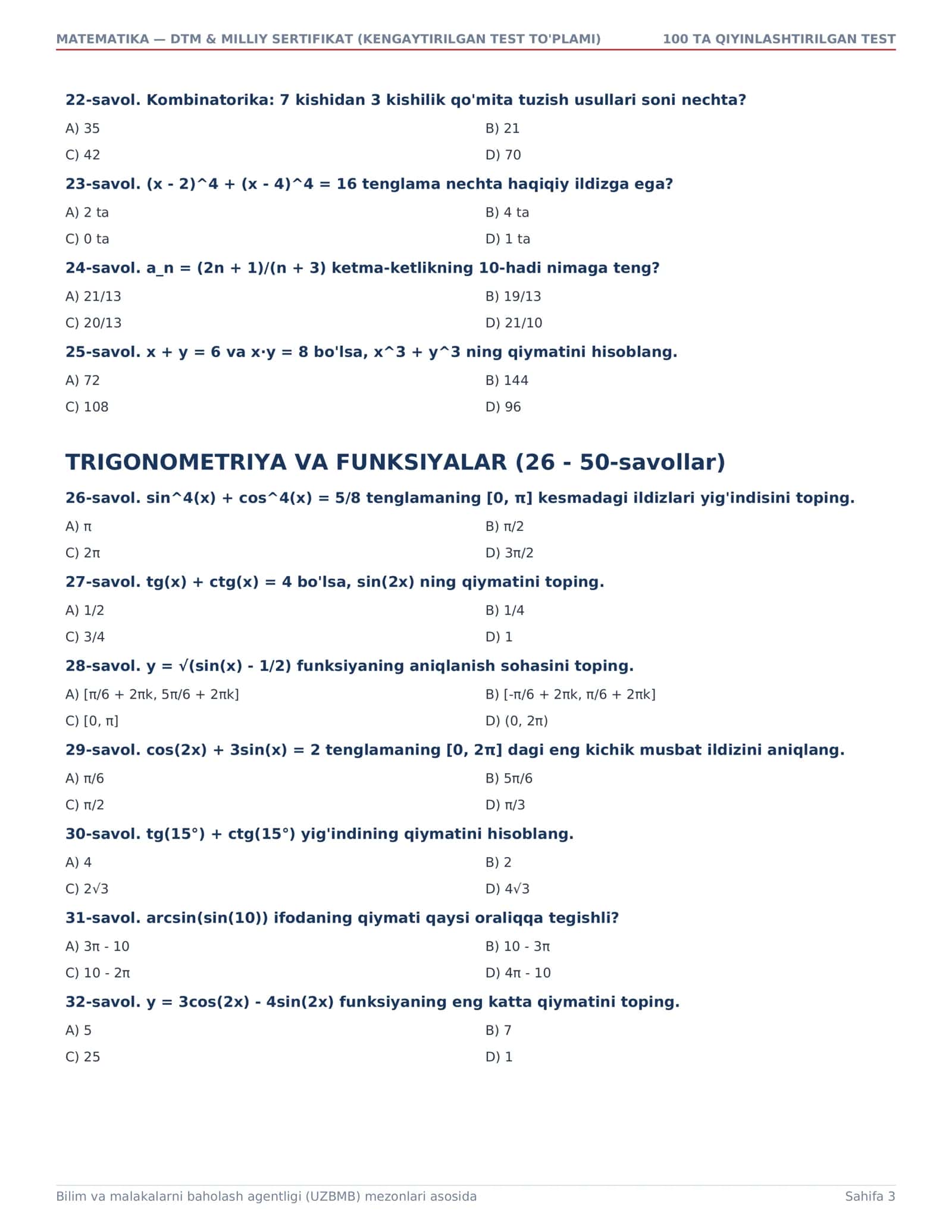 MURAKKABLASHTIRILGAN TESTLAR TO'PLAMI 3
