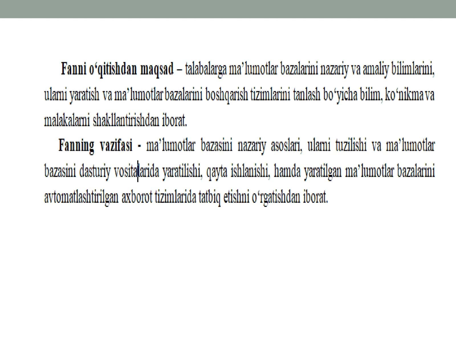 MA’LUMOTLAR BAZASINING MAQSADI, VAZIFALARI VAASOSIY TUSHUNCHALARI 3