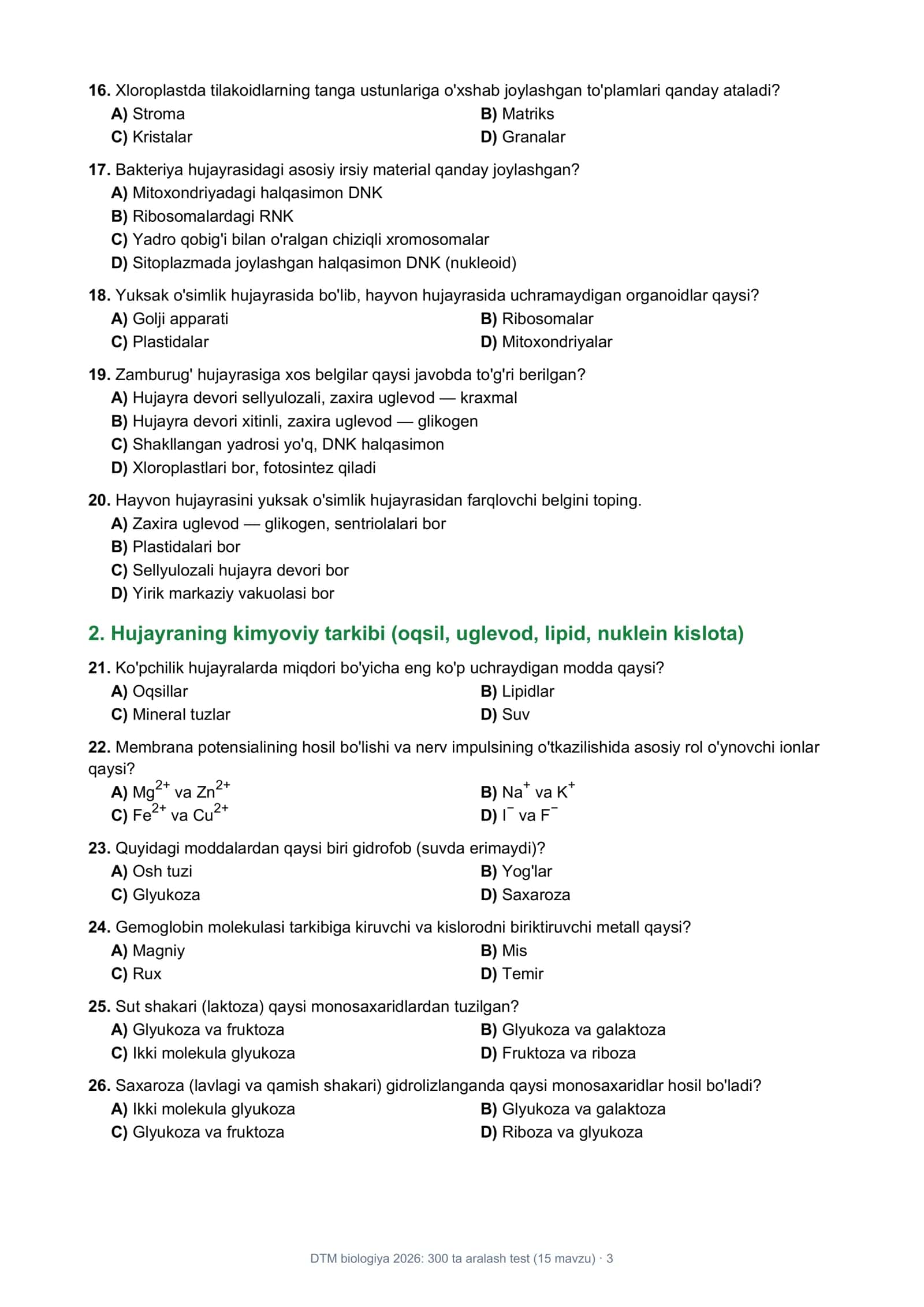 DTM biologiya 2026: 300 ta aralash test (15 mavzu) 3