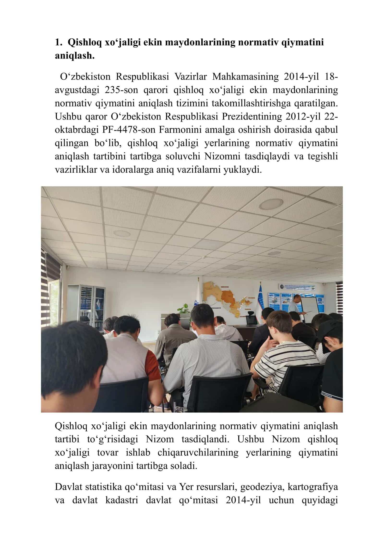 Qishloq xo’jaligi ekin maydonlarining normativ qiymatini aniqlash tizimini takomillashtirish to’g’risida. 3