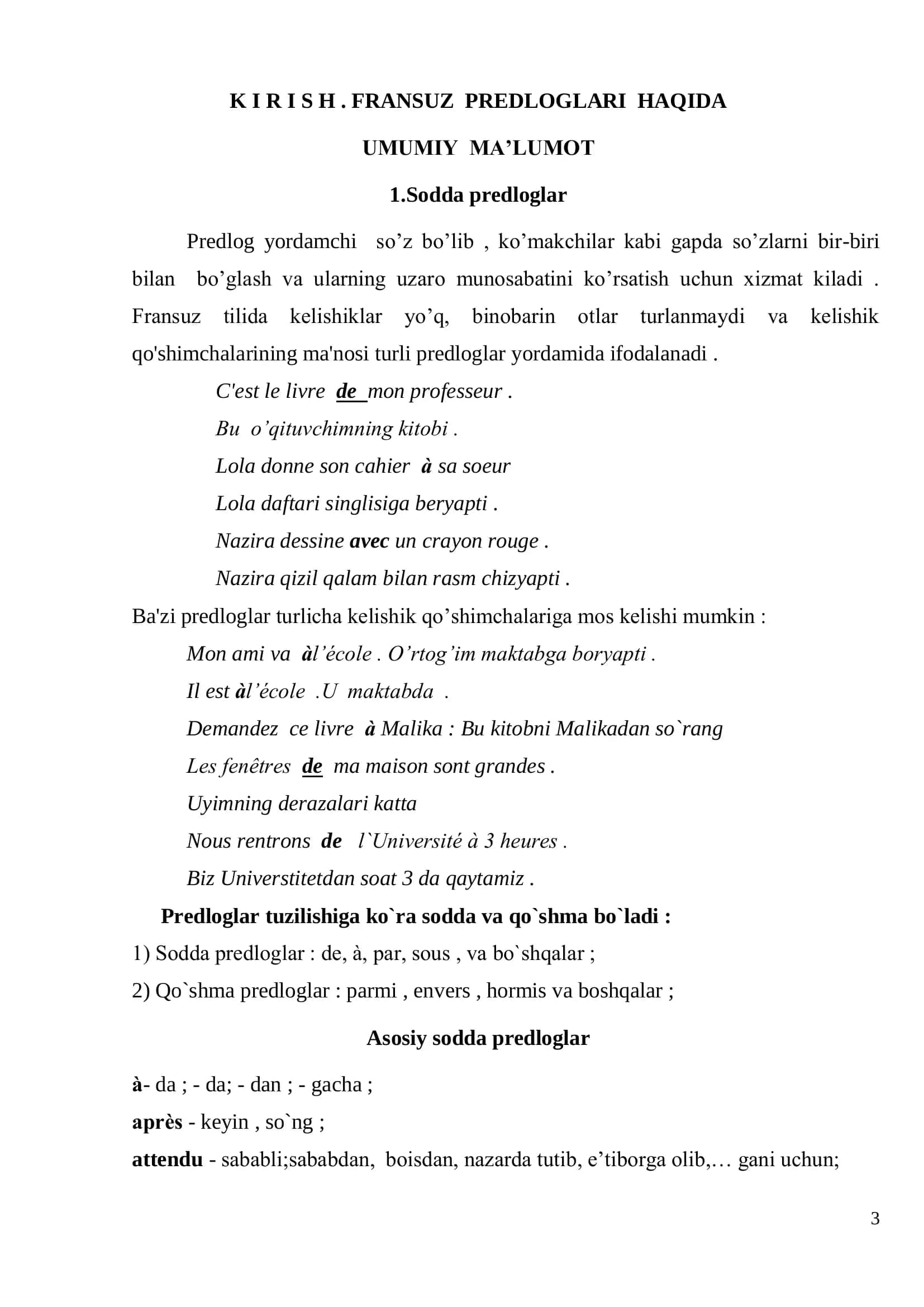 FRANSUZ TILIDA PREDLOGLAR 3