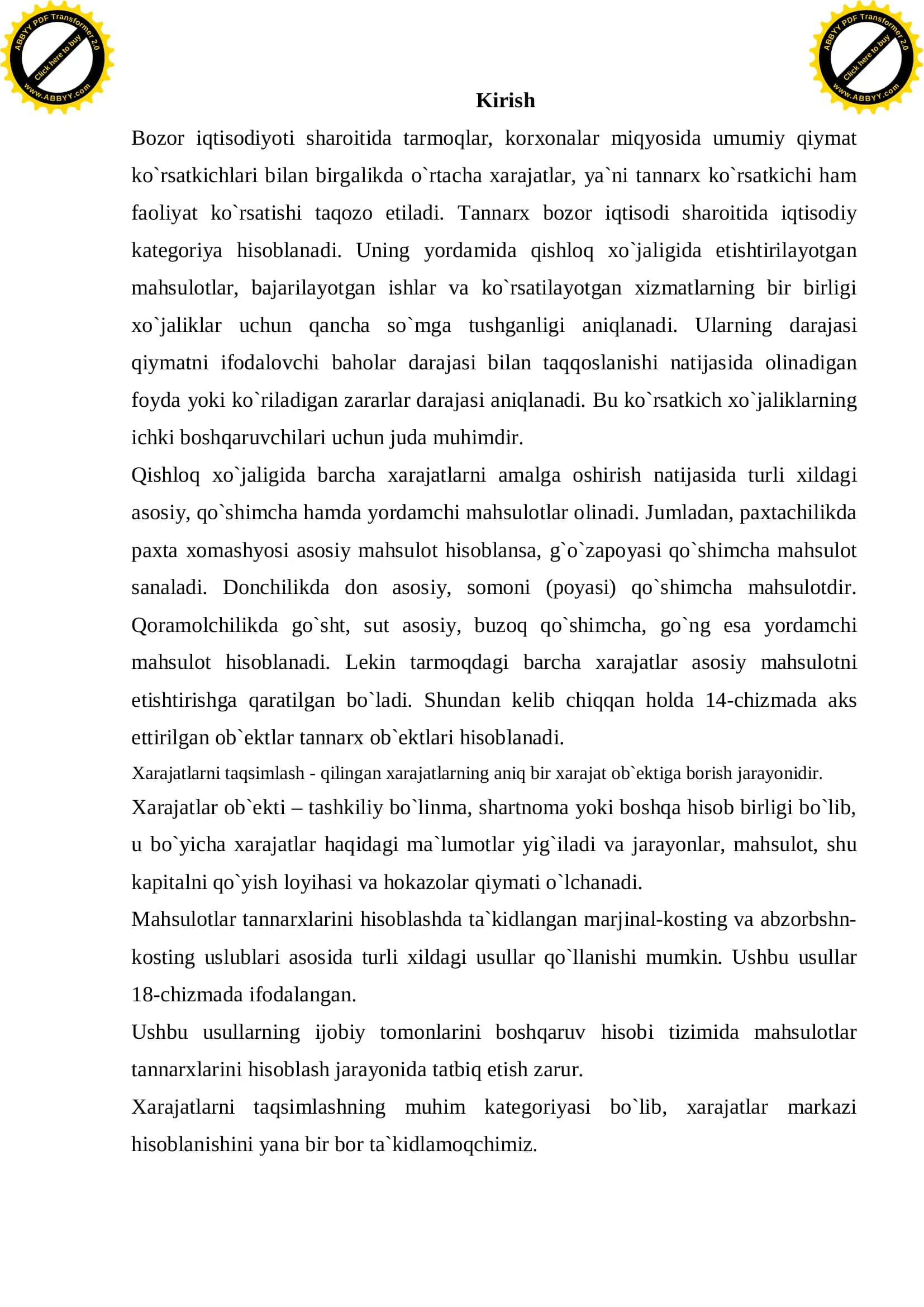QISHLOQ XO`JALIGIDAGI (JORIY VA O`RTACHA) XARAJATLAR, ULARNI KAMAYTIRISH YO`LLARI 3