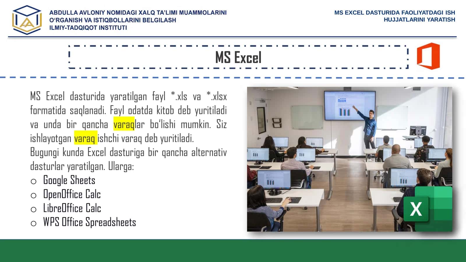 MS EXCEL DASTURIDA FAOLIYATDAGI ISH HUJJATLARINI YARATISH 3