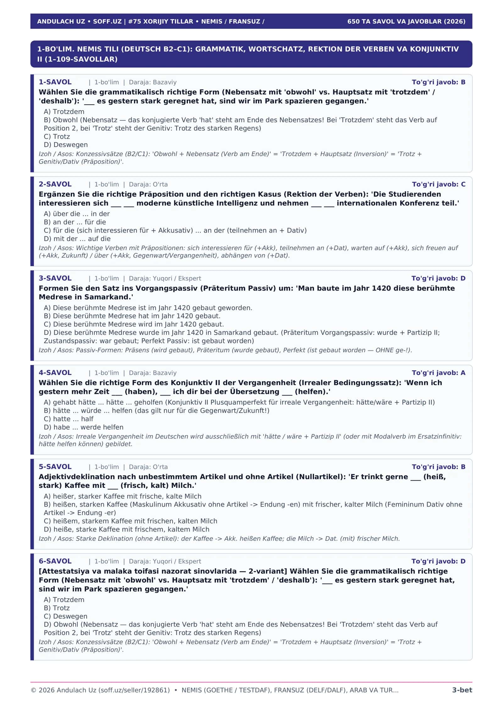 NEMIS (GOETHE / TESTDAF), FRANSUZ (DELF/DALF), ARAB VA TURK TILLARI: MULTILEVEL VA ATTESTATSIYA 3